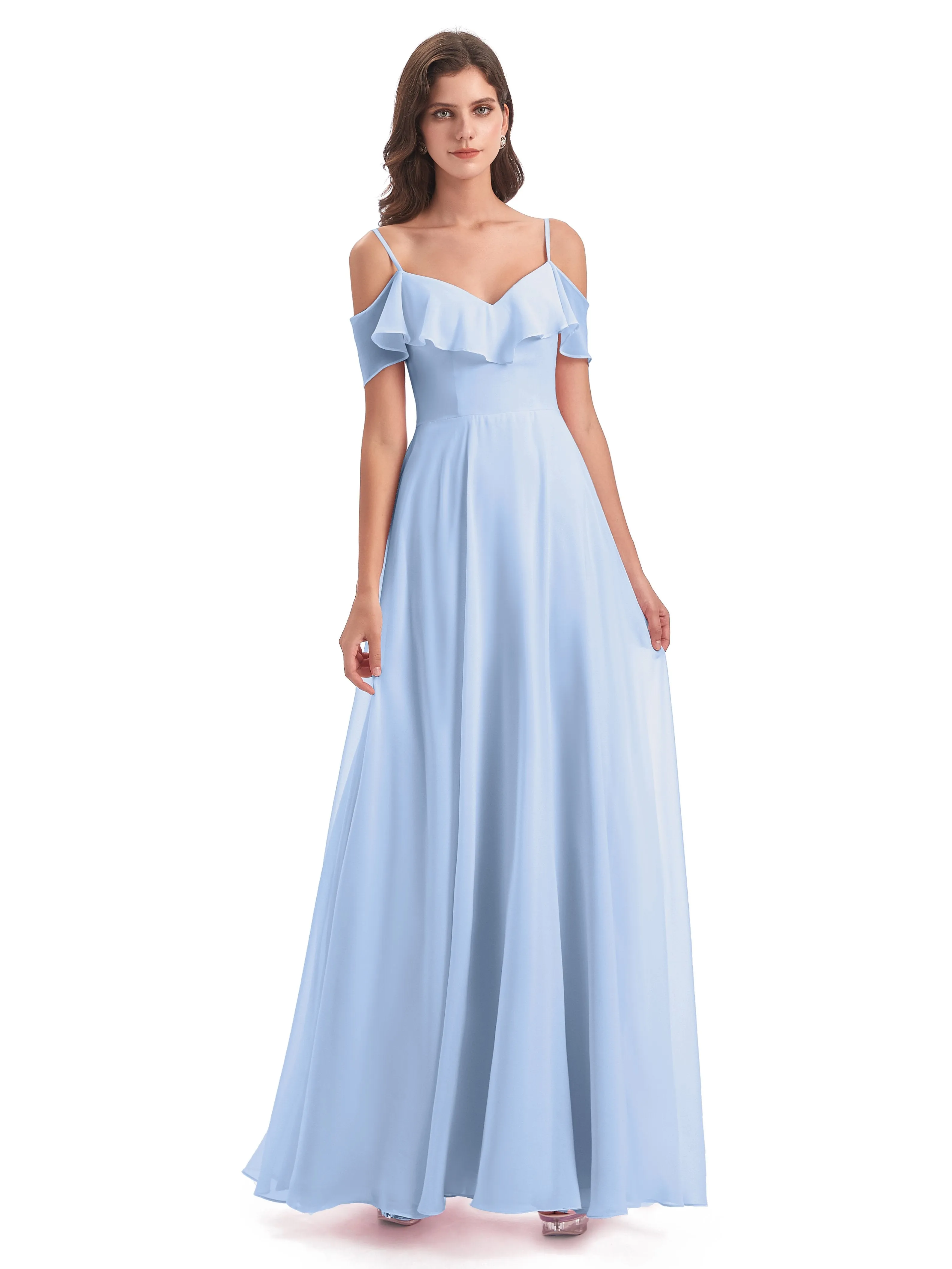 Elizabeth Fashion Spaghetti Straps Ruffles Long Chiffon Bridesmaid Dresses