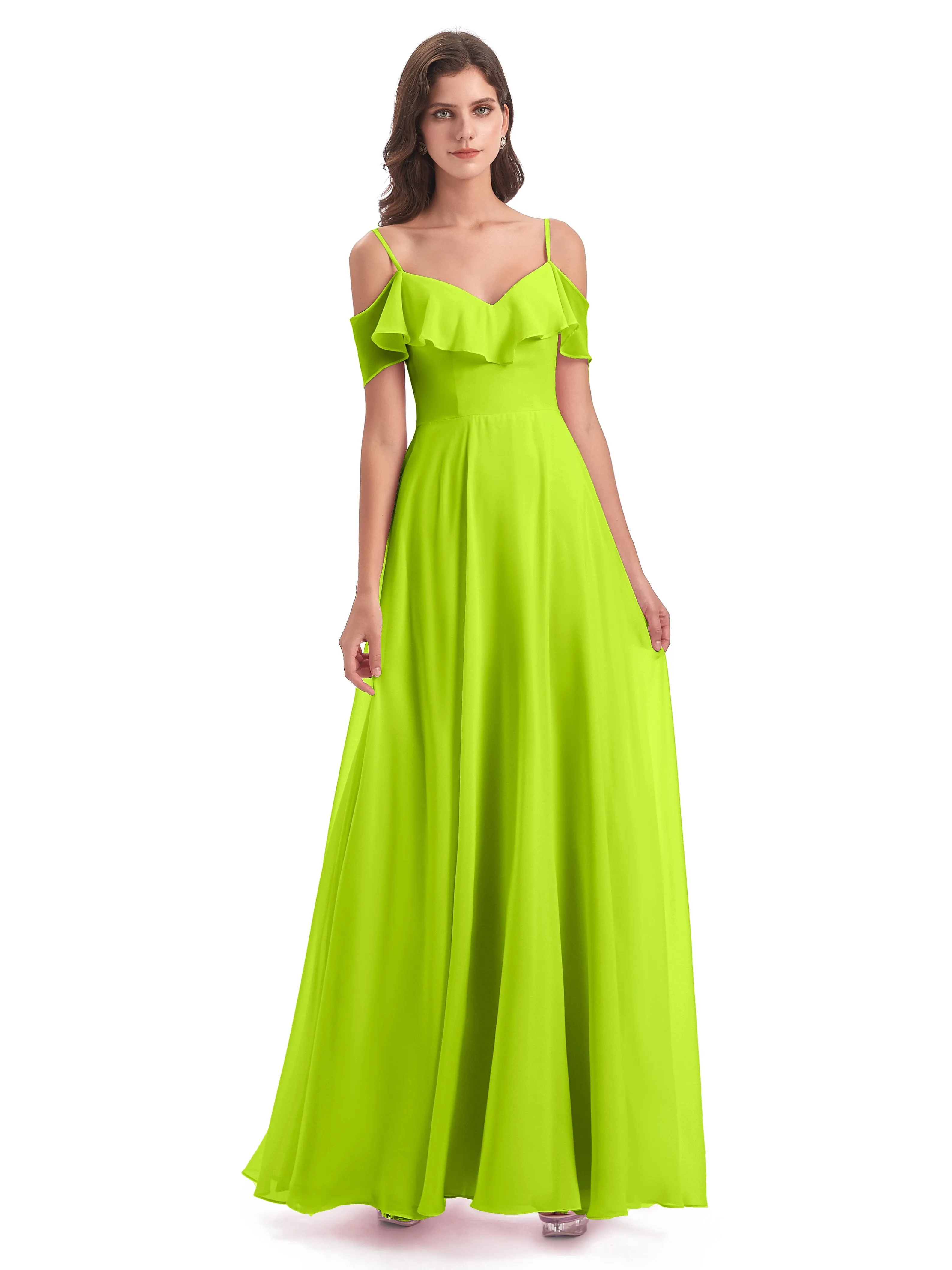 Elizabeth Fashion Spaghetti Straps Ruffles Long Chiffon Bridesmaid Dresses