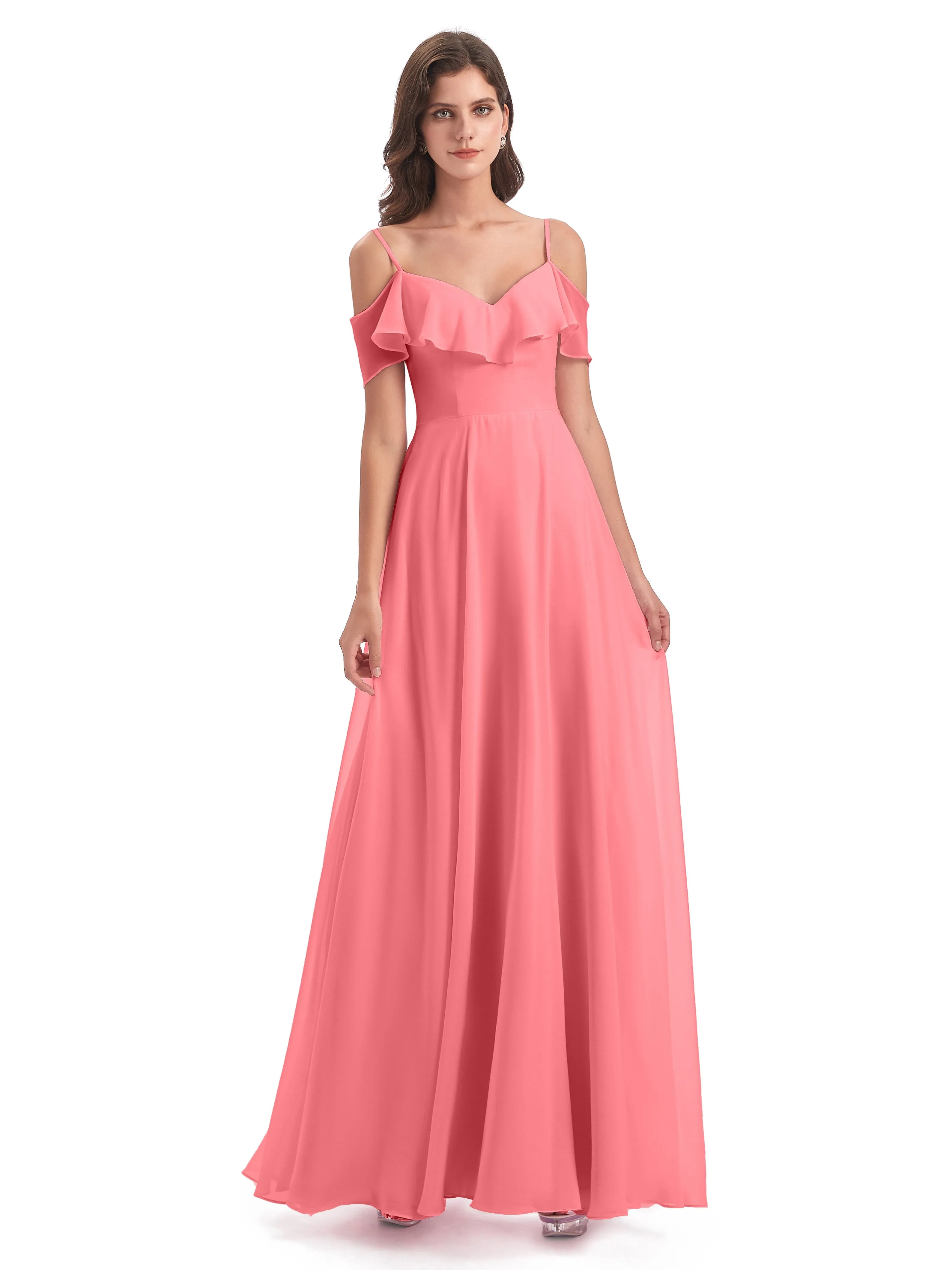 Elizabeth Fashion Spaghetti Straps Ruffles Long Chiffon Bridesmaid Dresses