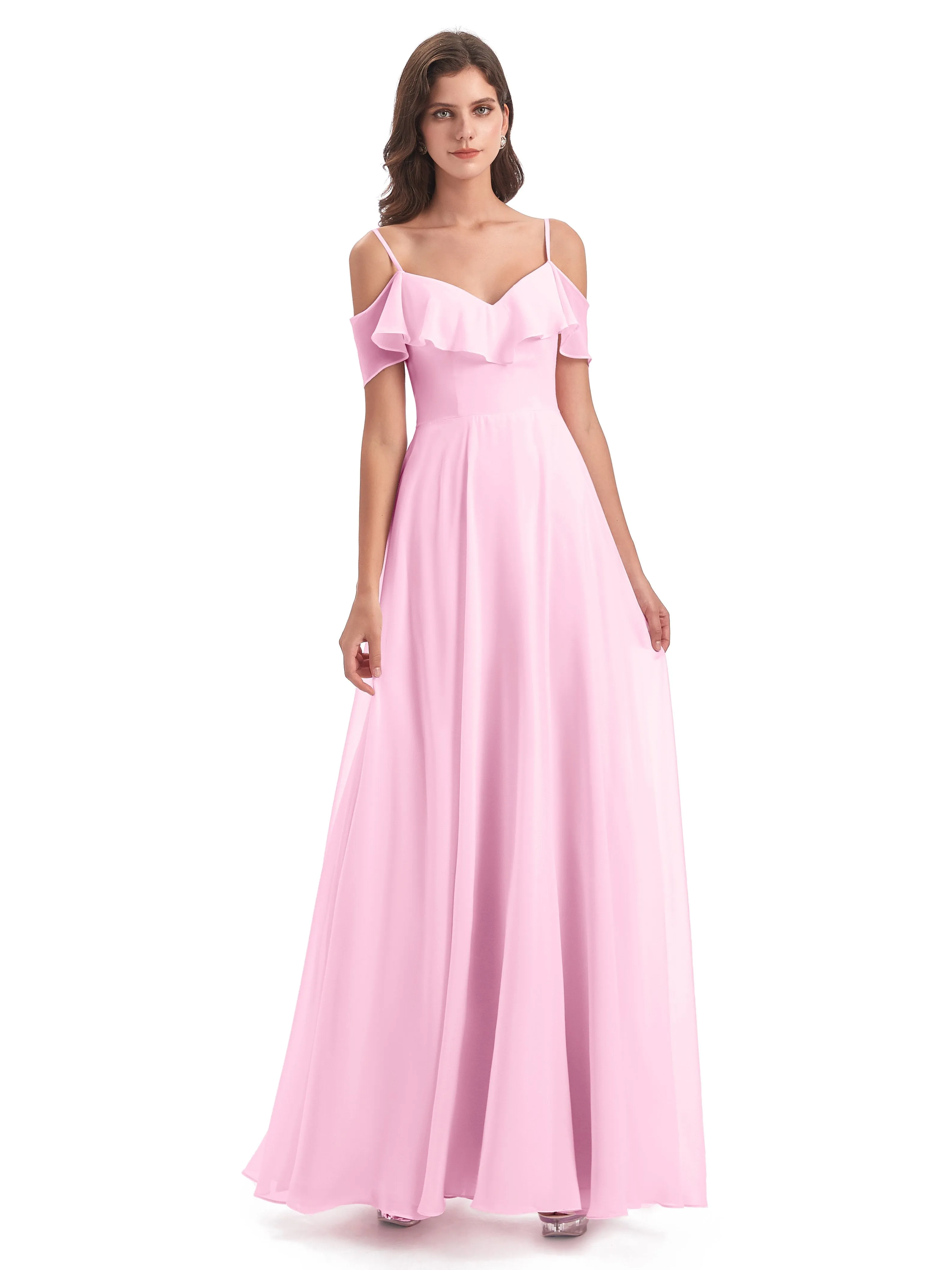 Elizabeth Fashion Spaghetti Straps Ruffles Long Chiffon Bridesmaid Dresses