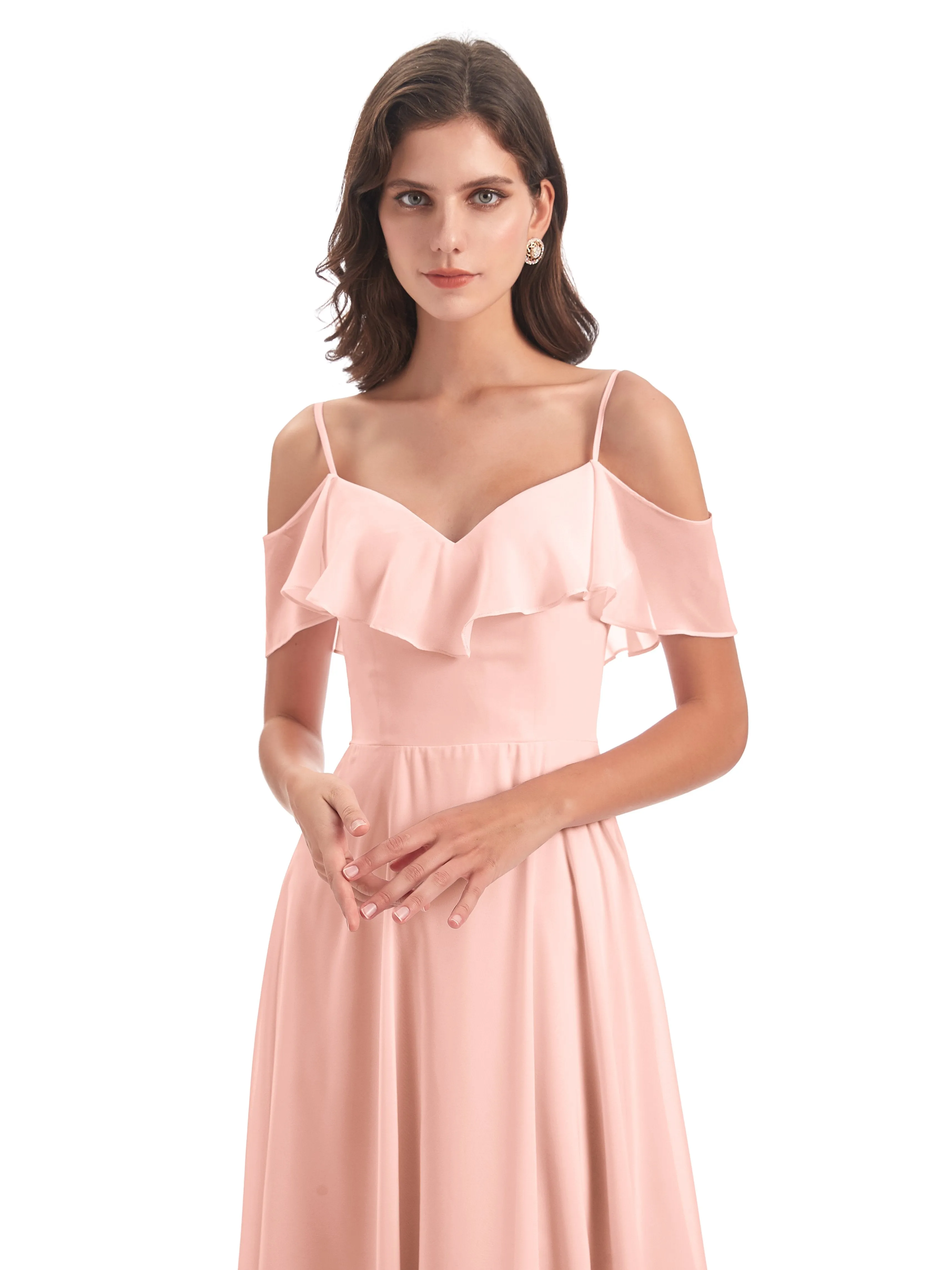 Elizabeth Fashion Spaghetti Straps Ruffles Long Chiffon Bridesmaid Dresses