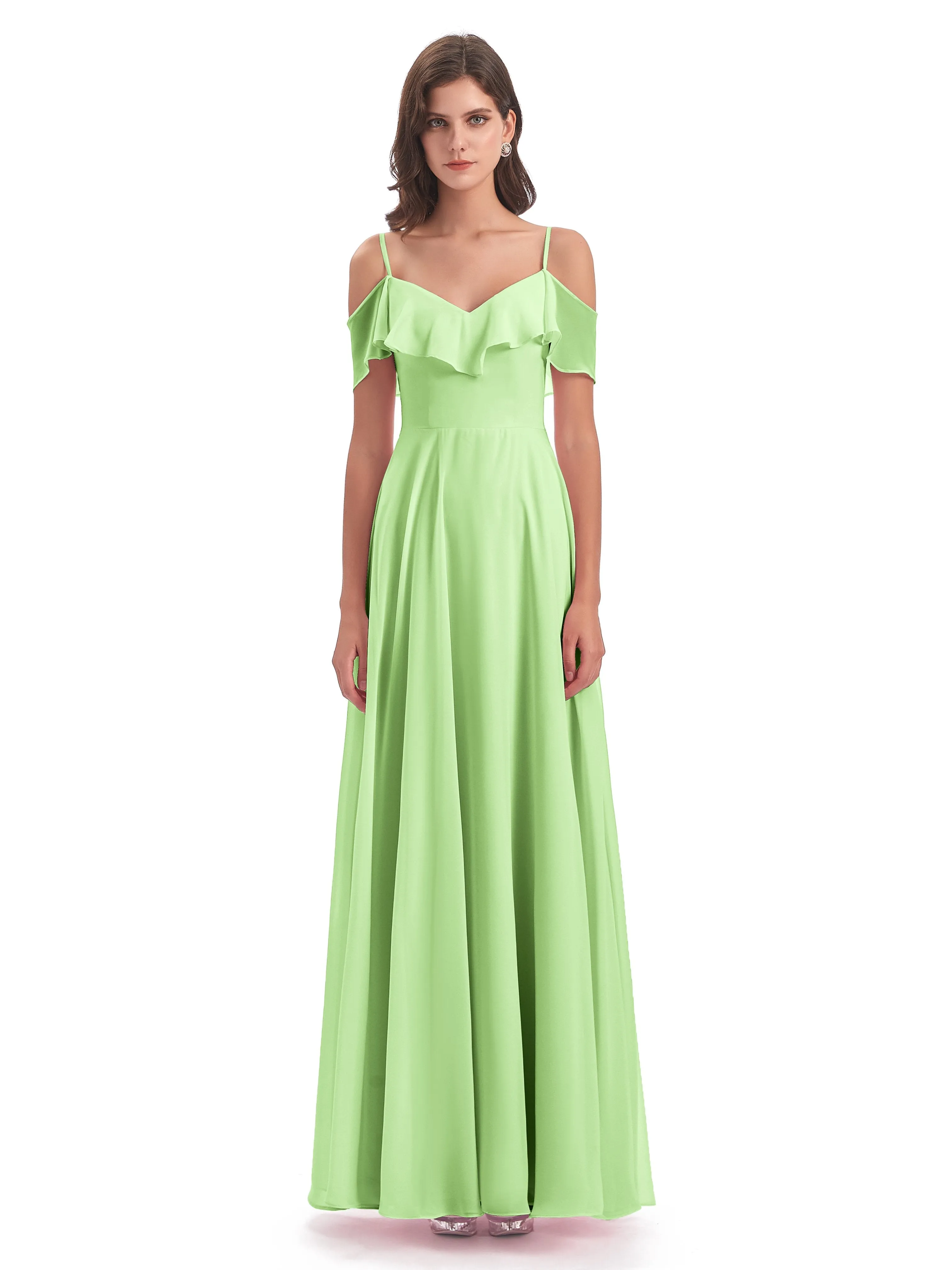 Elizabeth Fashion Spaghetti Straps Ruffles Long Chiffon Bridesmaid Dresses