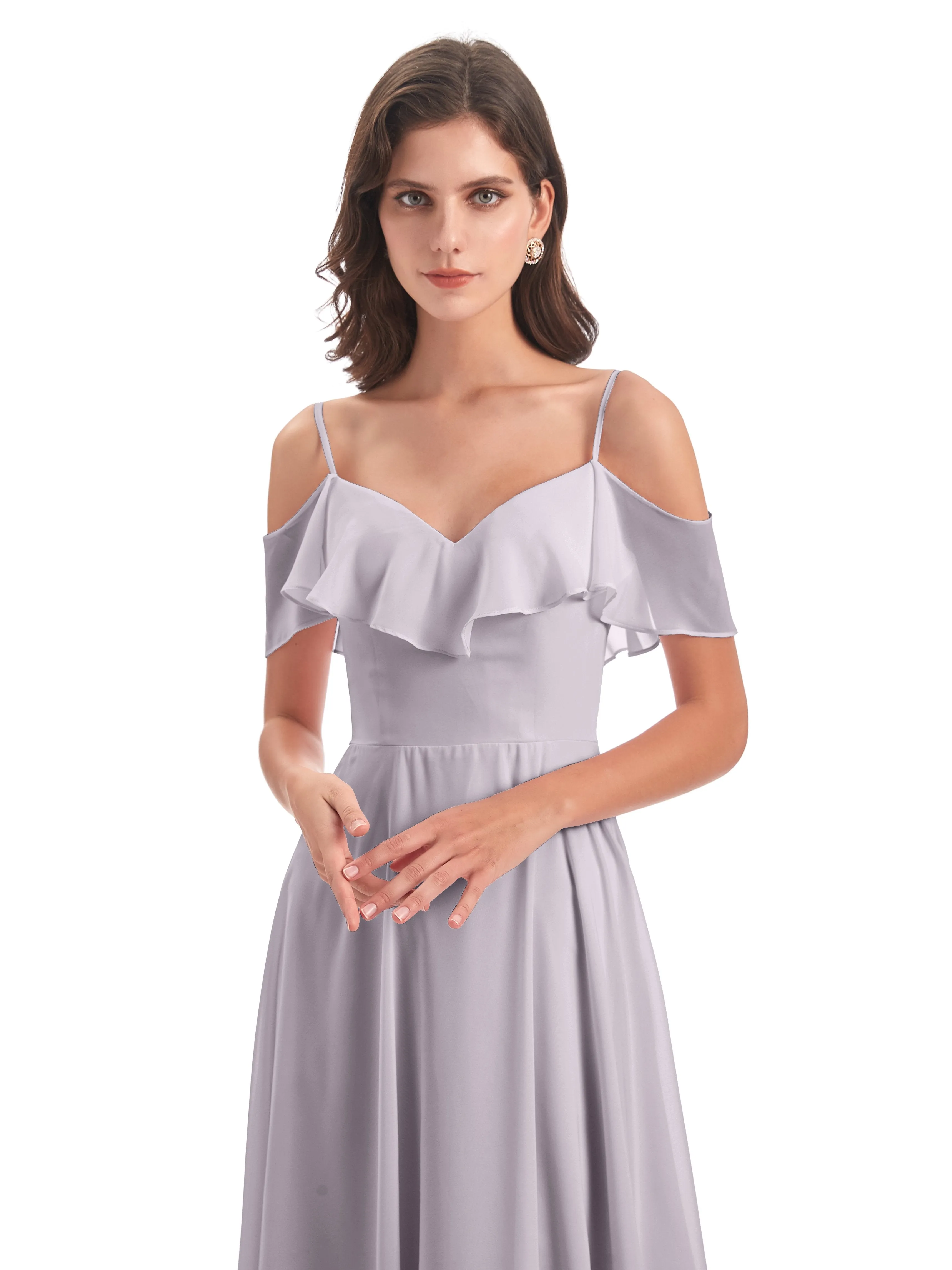 Elizabeth Fashion Spaghetti Straps Ruffles Long Chiffon Bridesmaid Dresses