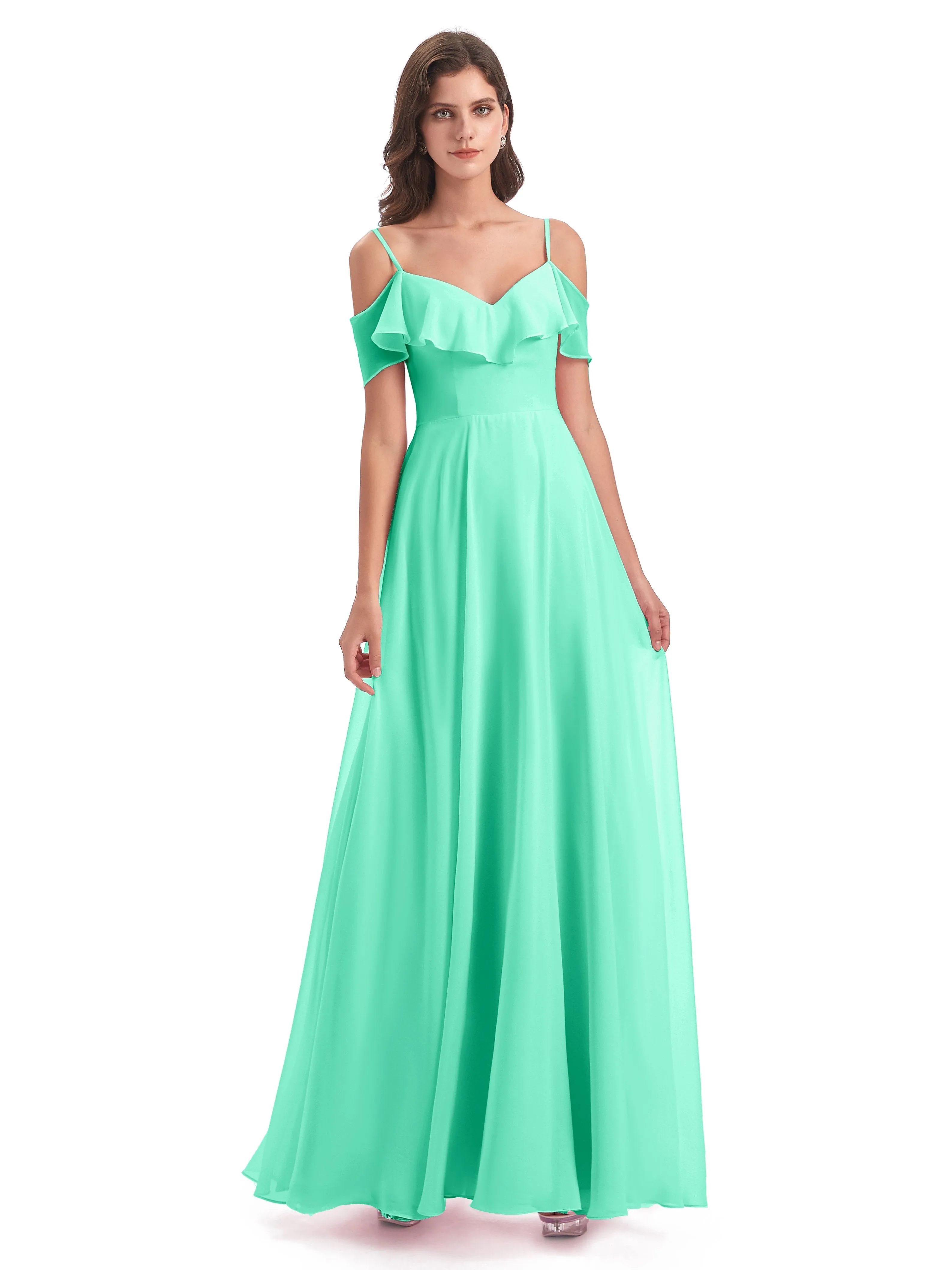 Elizabeth Fashion Spaghetti Straps Ruffles Long Chiffon Bridesmaid Dresses