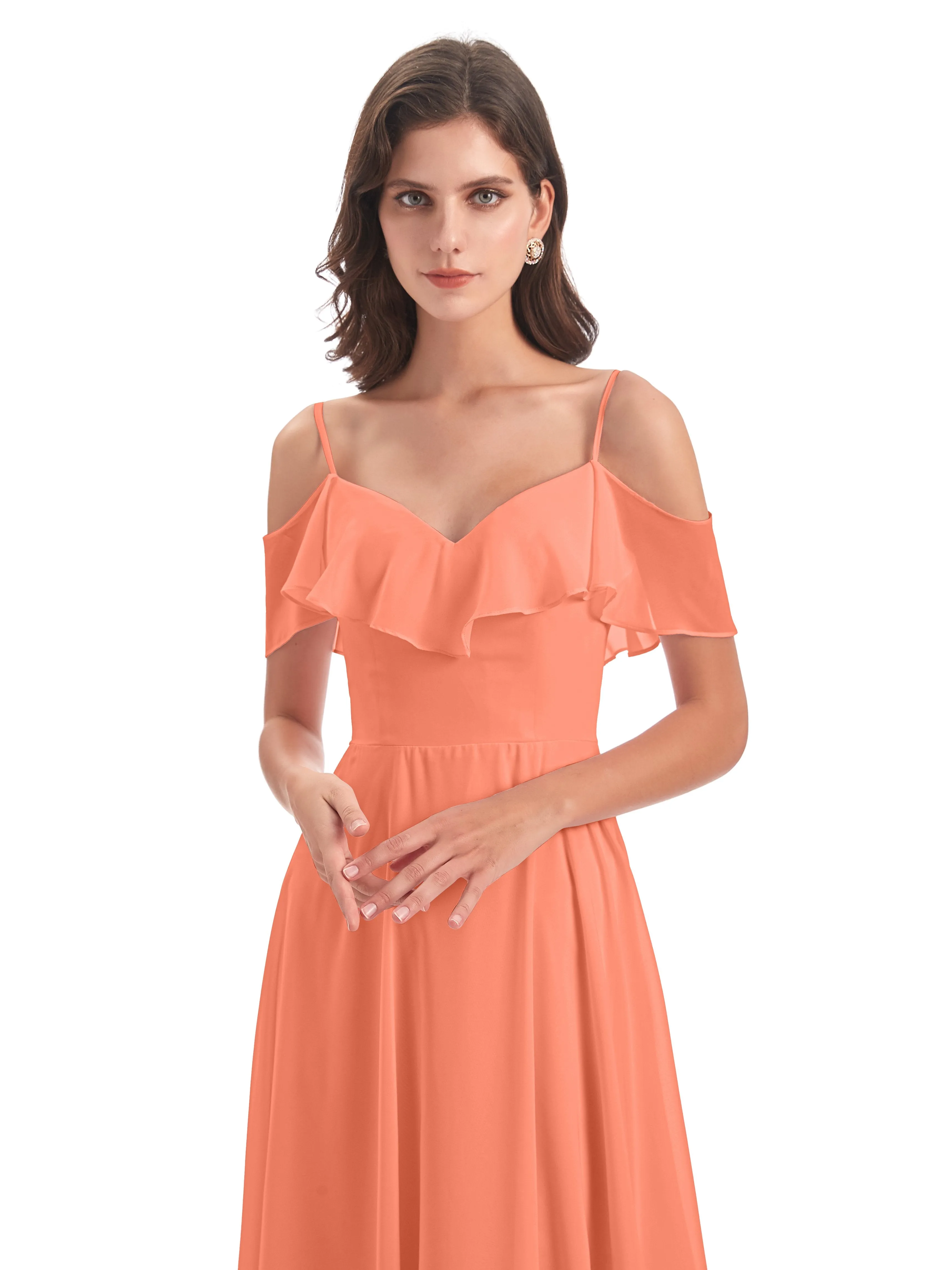 Elizabeth Fashion Spaghetti Straps Ruffles Long Chiffon Bridesmaid Dresses