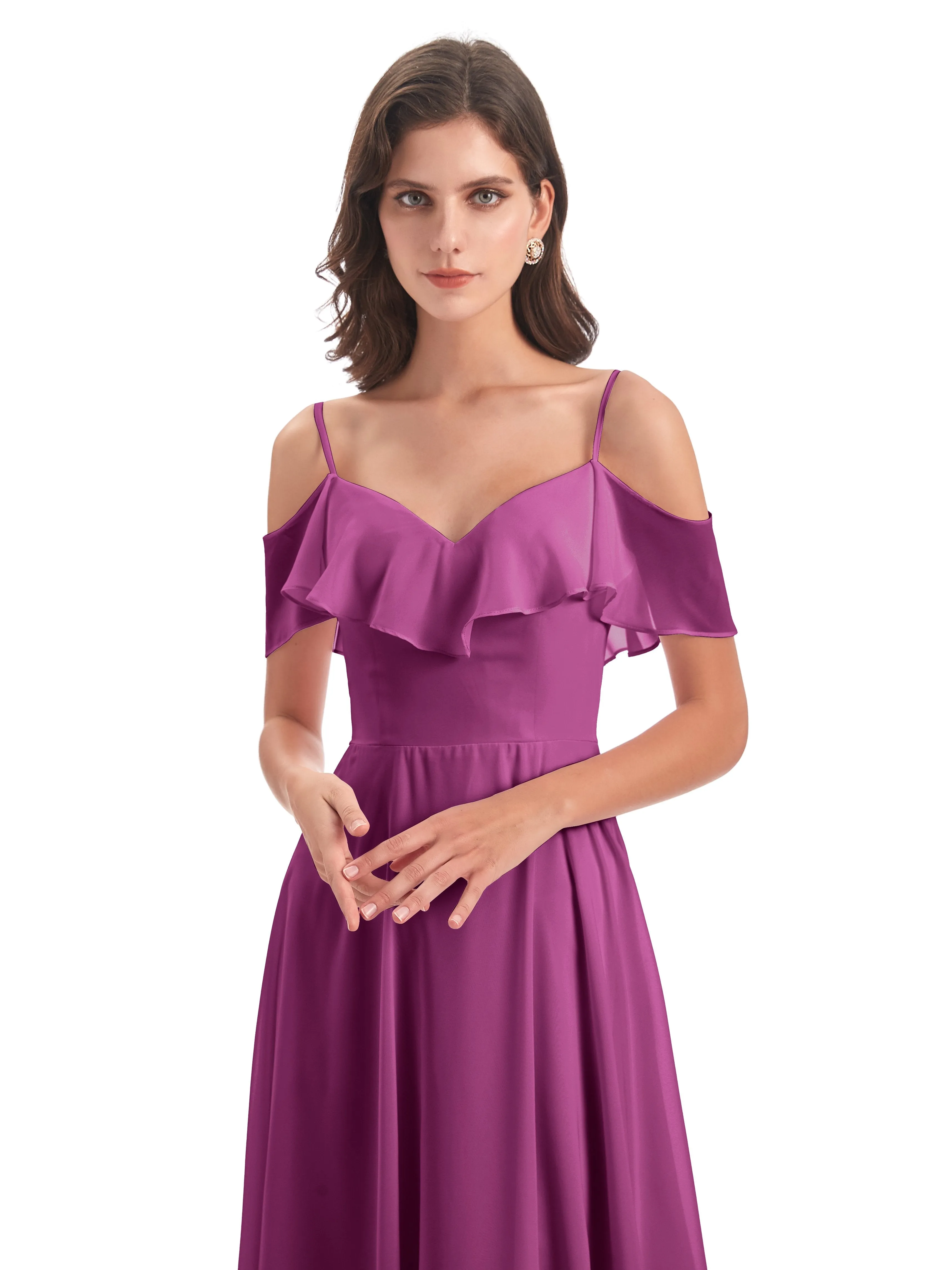 Elizabeth Fashion Spaghetti Straps Ruffles Long Chiffon Bridesmaid Dresses