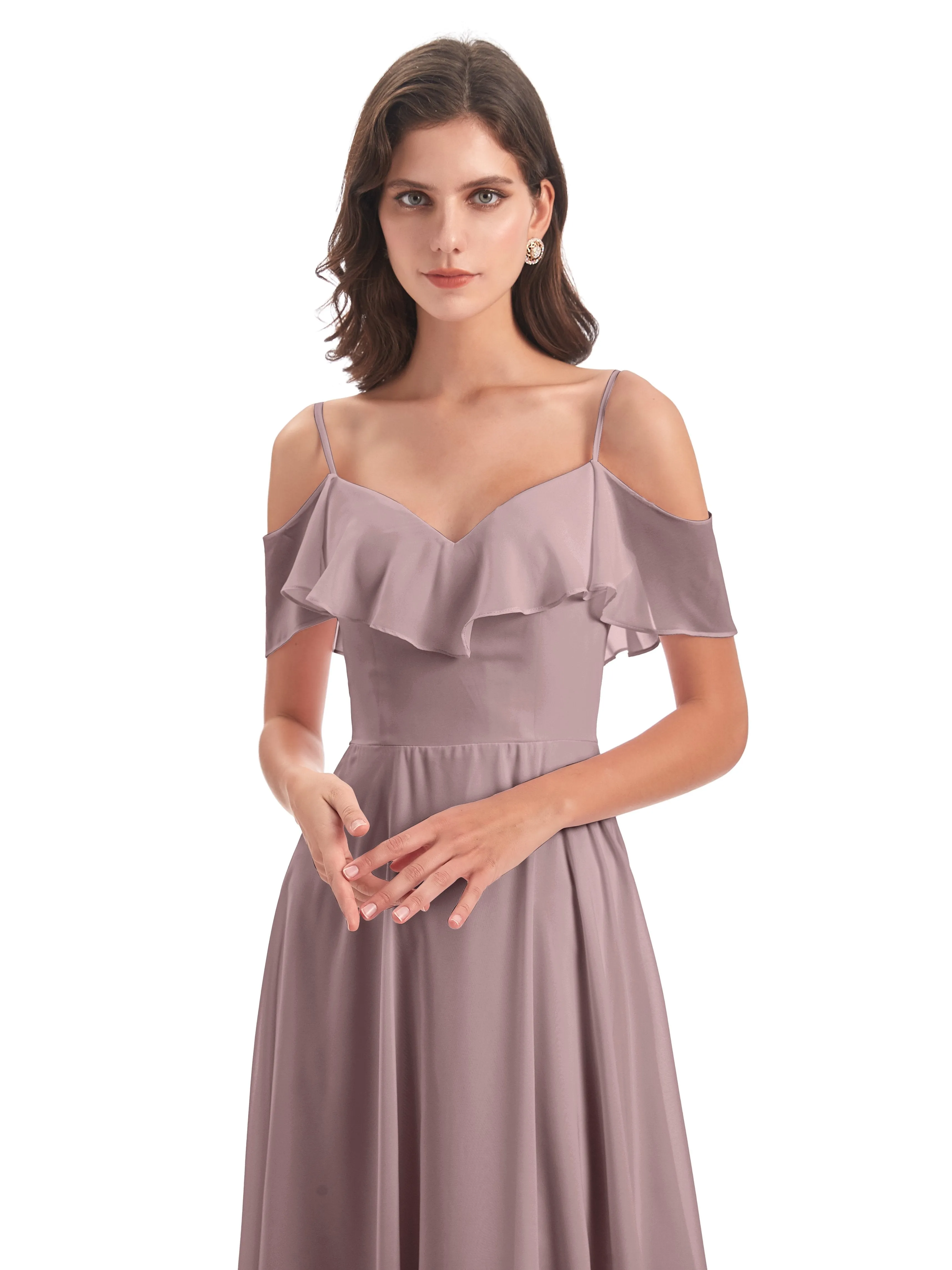 Elizabeth Fashion Spaghetti Straps Ruffles Long Chiffon Bridesmaid Dresses