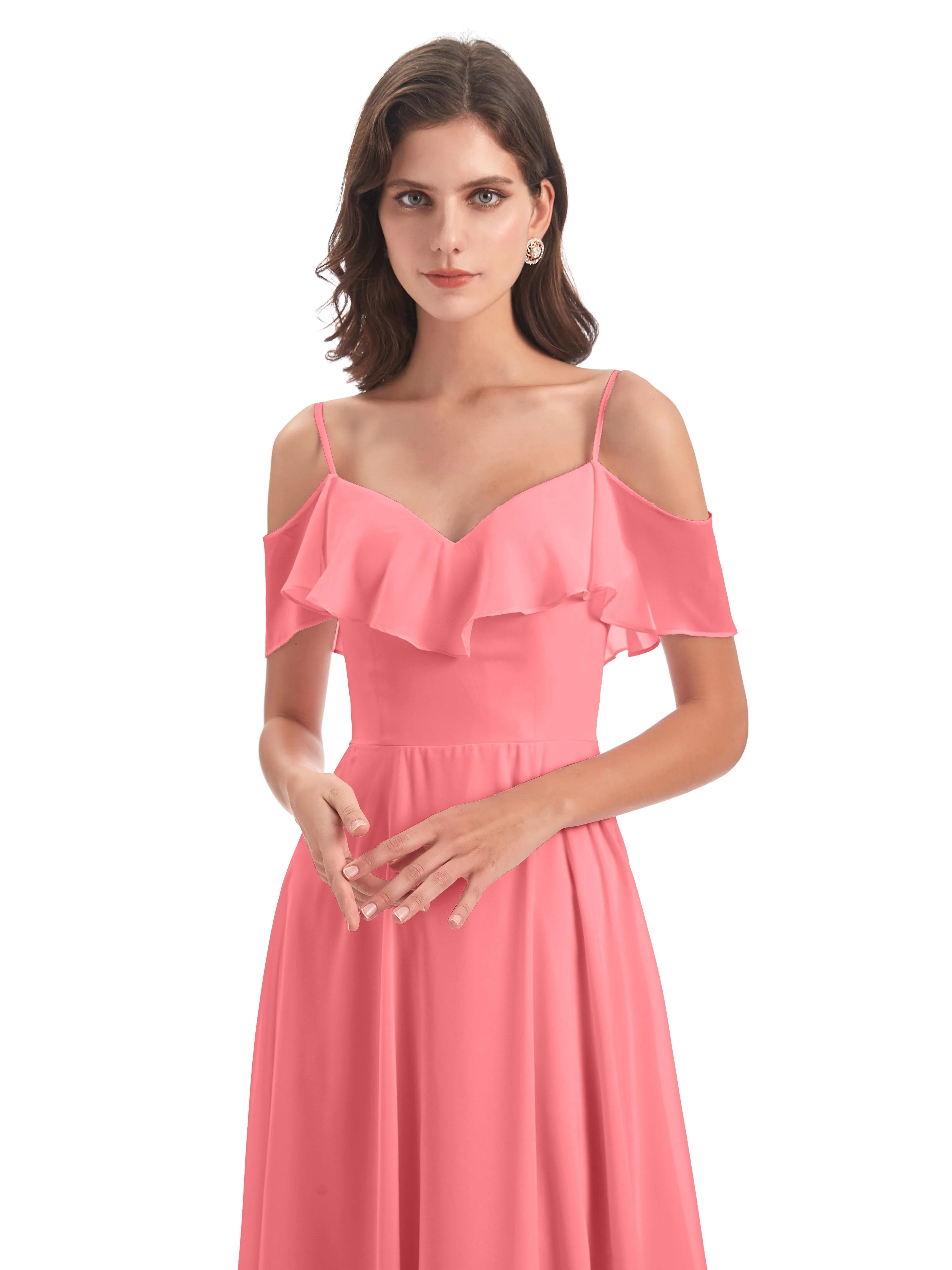 Elizabeth Fashion Spaghetti Straps Ruffles Long Chiffon Bridesmaid Dresses