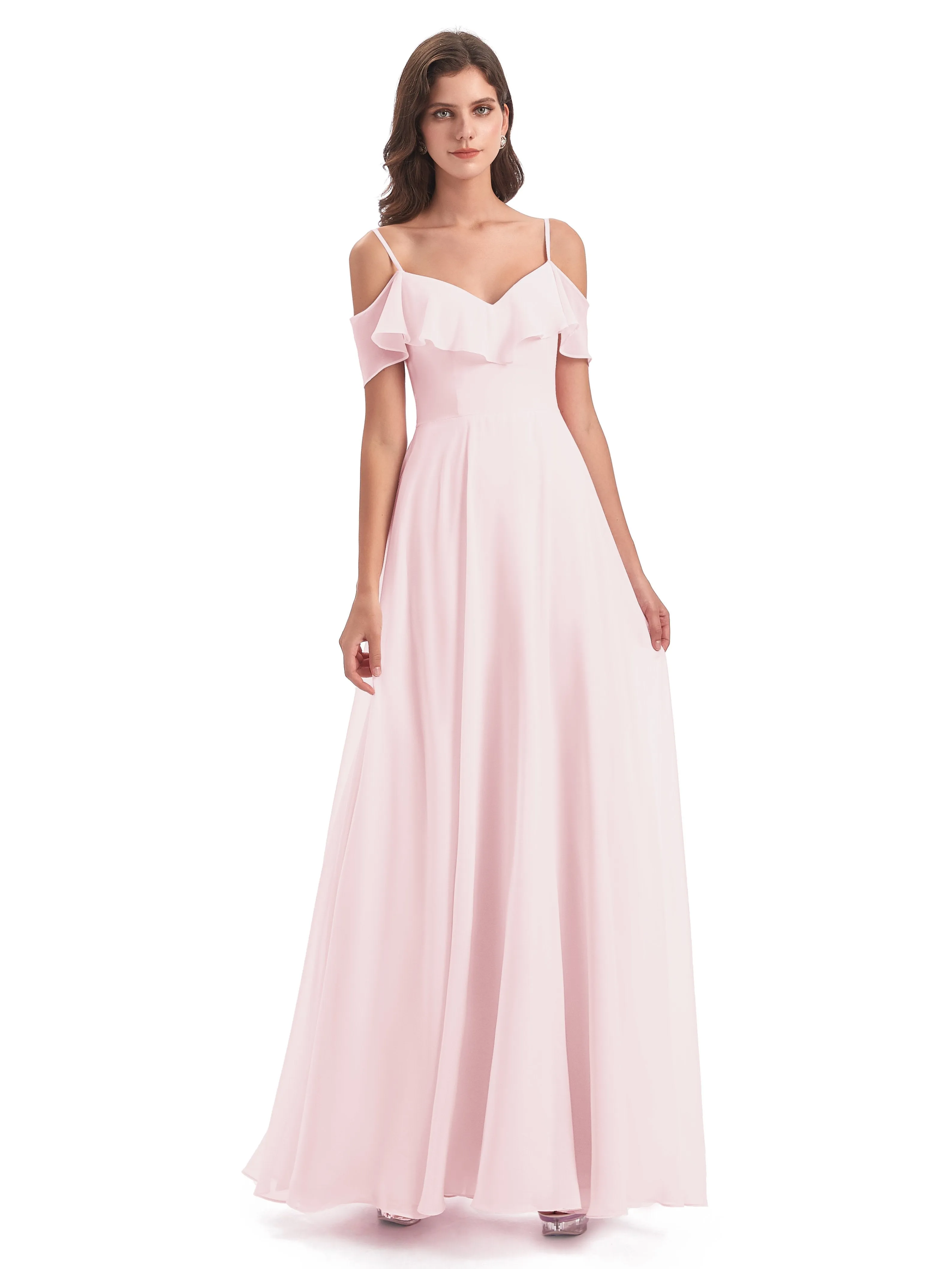 Elizabeth Fashion Spaghetti Straps Ruffles Long Chiffon Bridesmaid Dresses