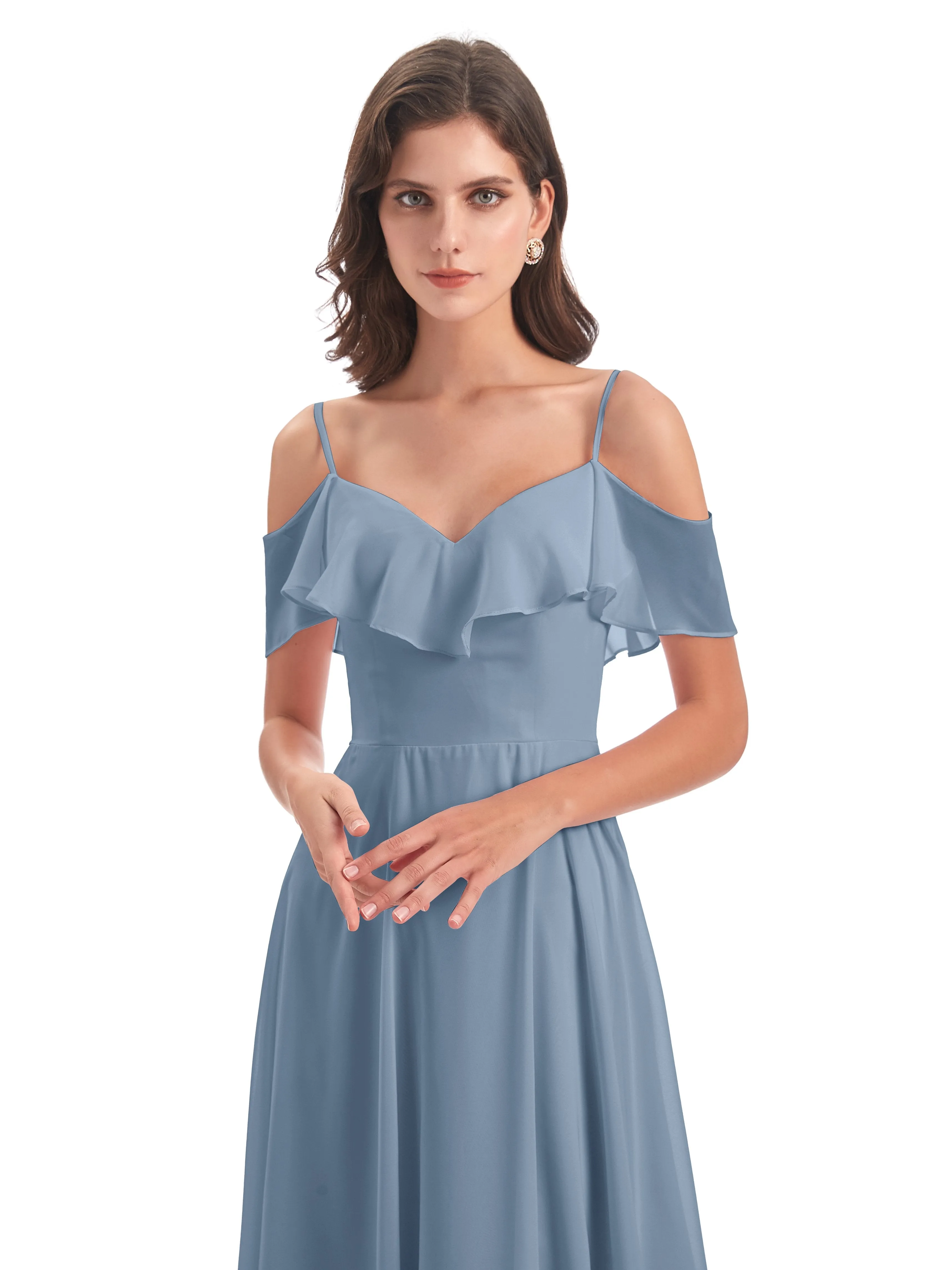 Elizabeth Fashion Spaghetti Straps Ruffles Long Chiffon Bridesmaid Dresses