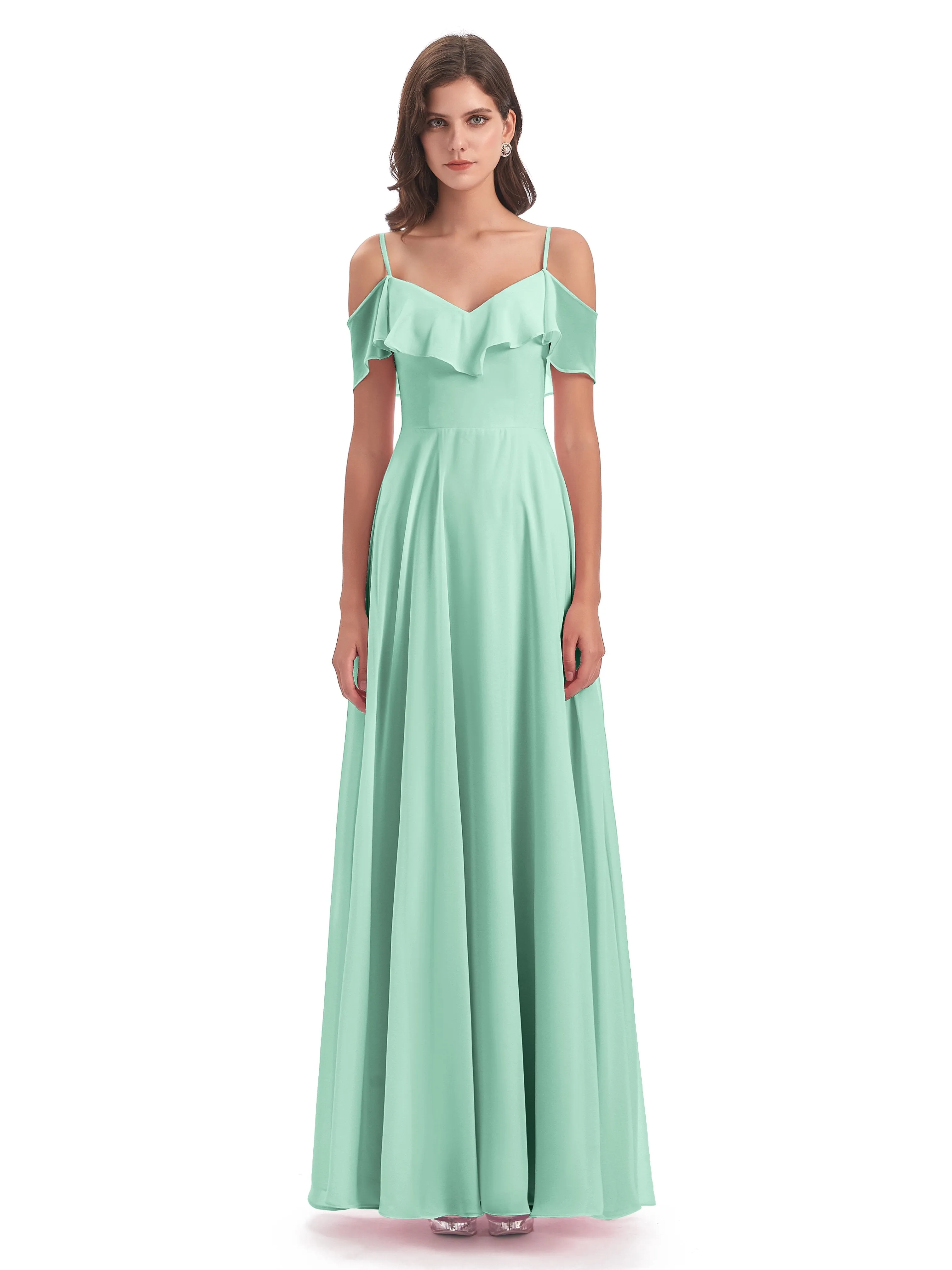 Elizabeth Fashion Spaghetti Straps Ruffles Long Chiffon Bridesmaid Dresses