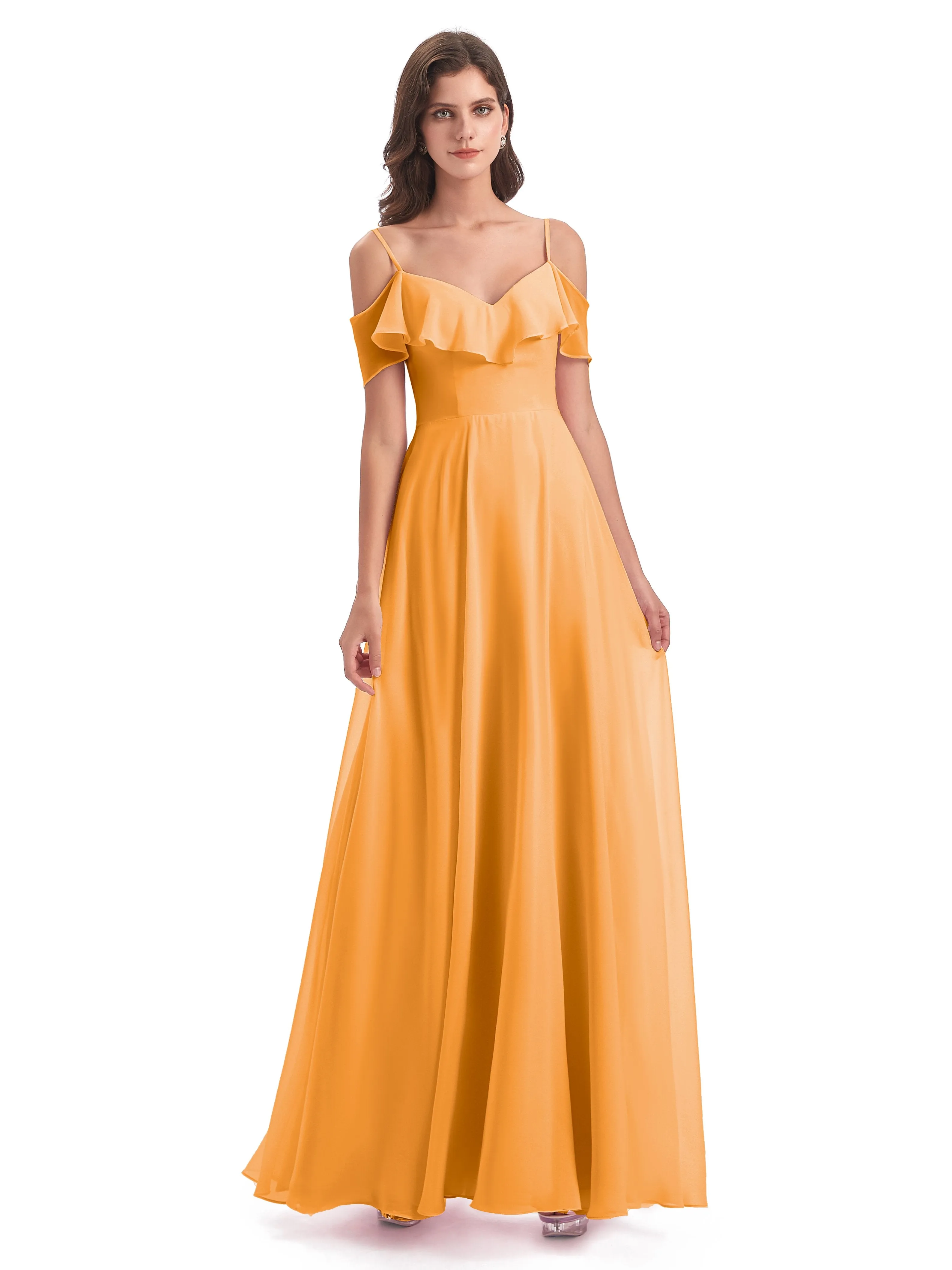 Elizabeth Fashion Spaghetti Straps Ruffles Long Chiffon Bridesmaid Dresses