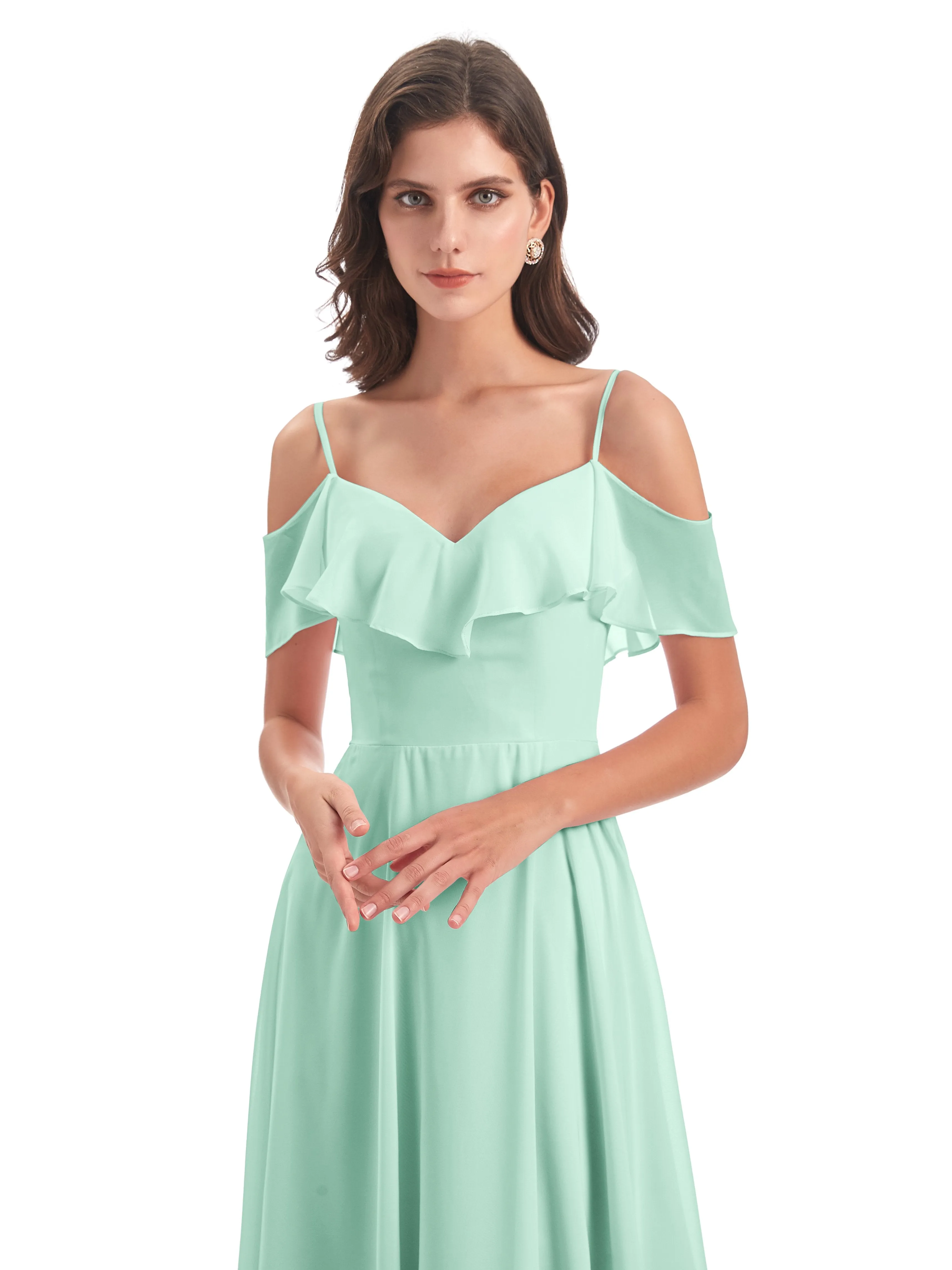 Elizabeth Fashion Spaghetti Straps Ruffles Long Chiffon Bridesmaid Dresses