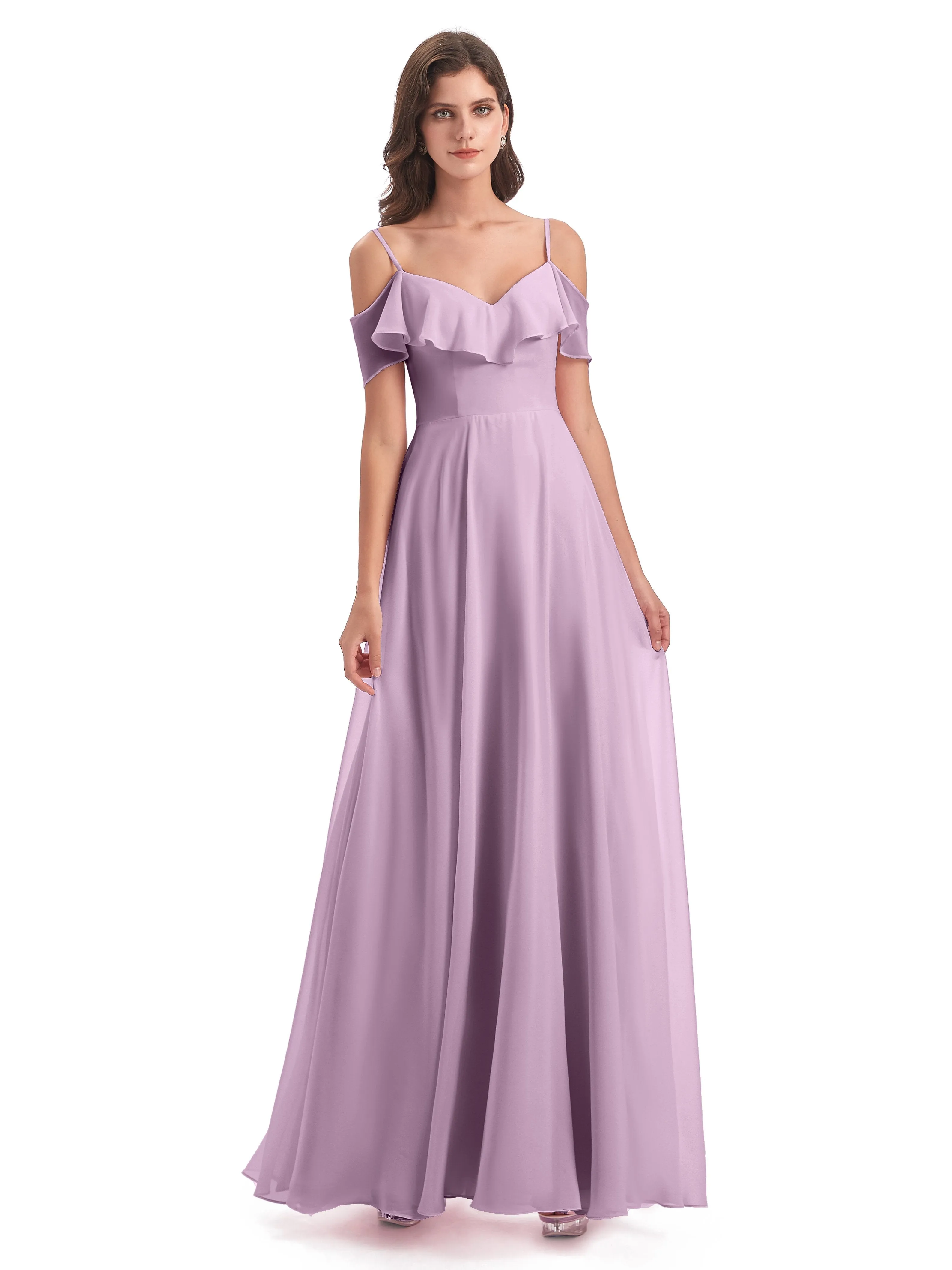 Elizabeth Fashion Spaghetti Straps Ruffles Long Chiffon Bridesmaid Dresses