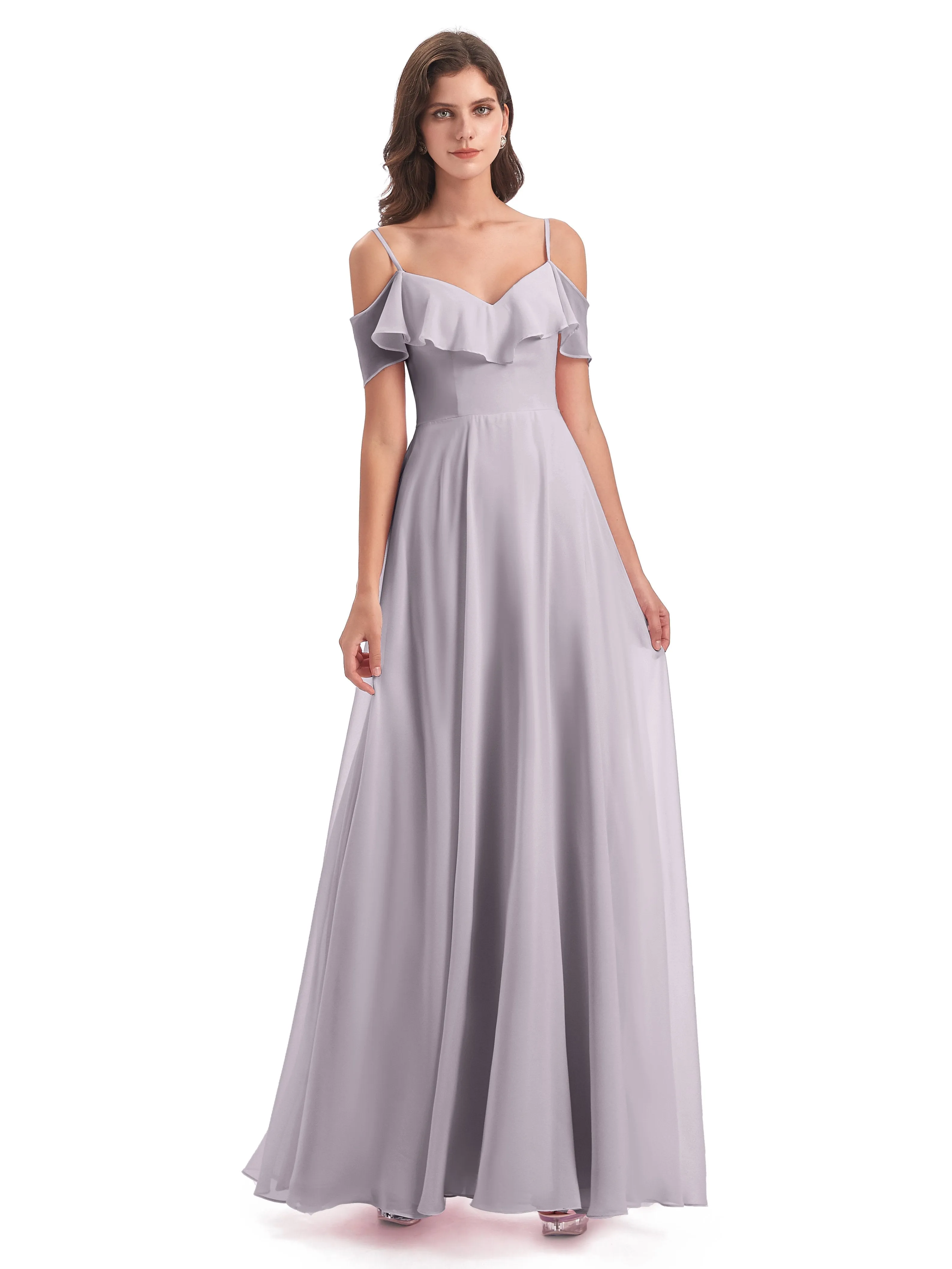 Elizabeth Fashion Spaghetti Straps Ruffles Long Chiffon Bridesmaid Dresses