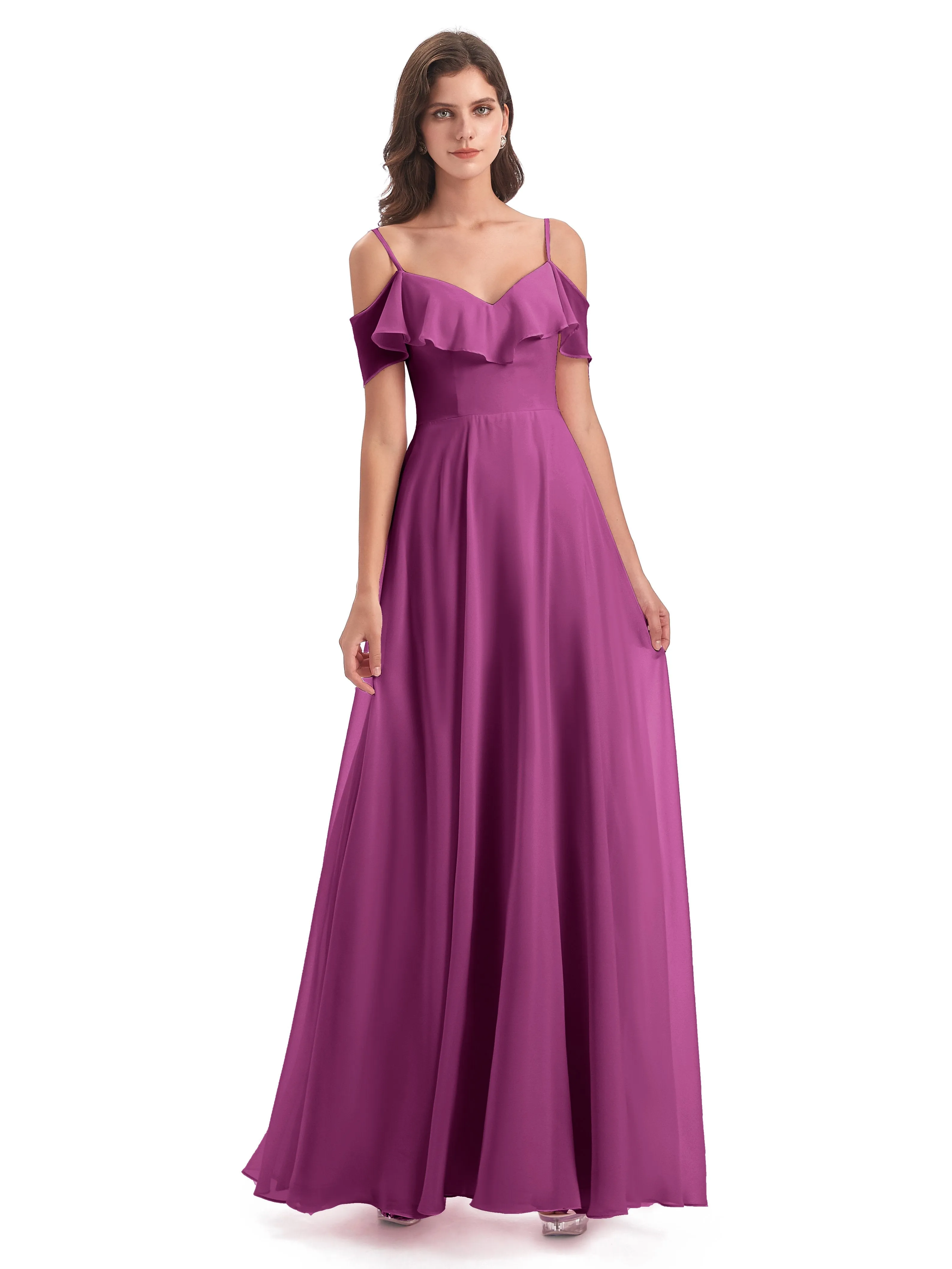 Elizabeth Fashion Spaghetti Straps Ruffles Long Chiffon Bridesmaid Dresses