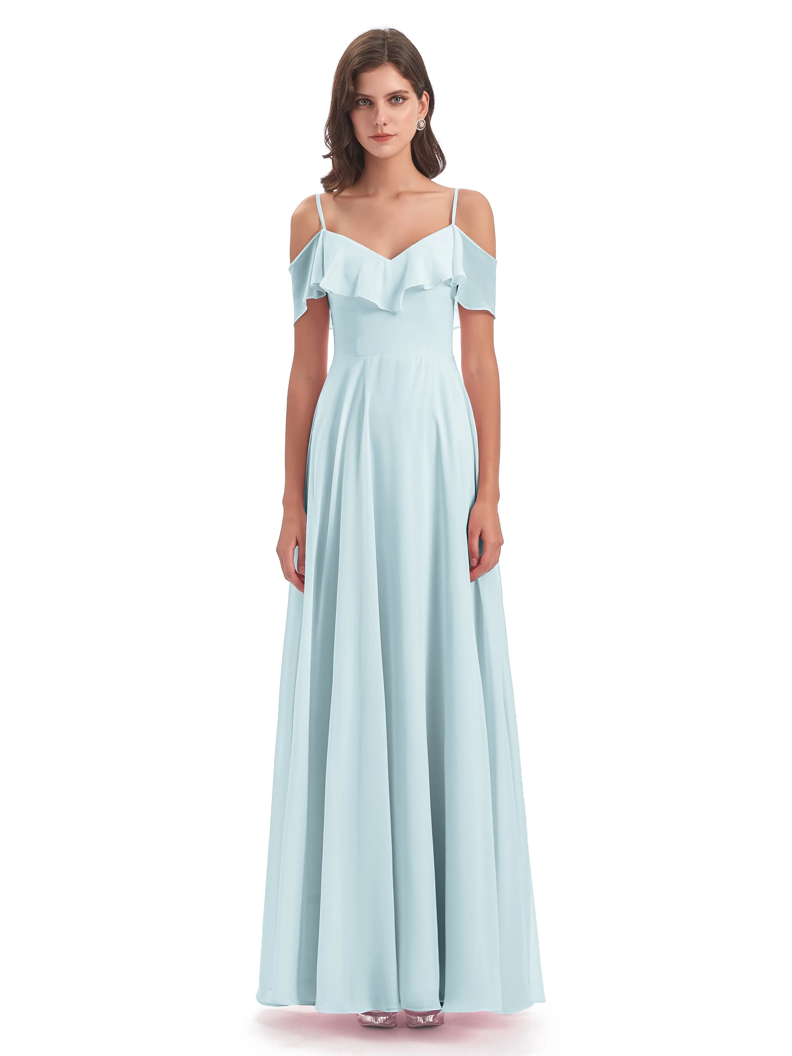 Elizabeth Fashion Spaghetti Straps Ruffles Long Chiffon Bridesmaid Dresses