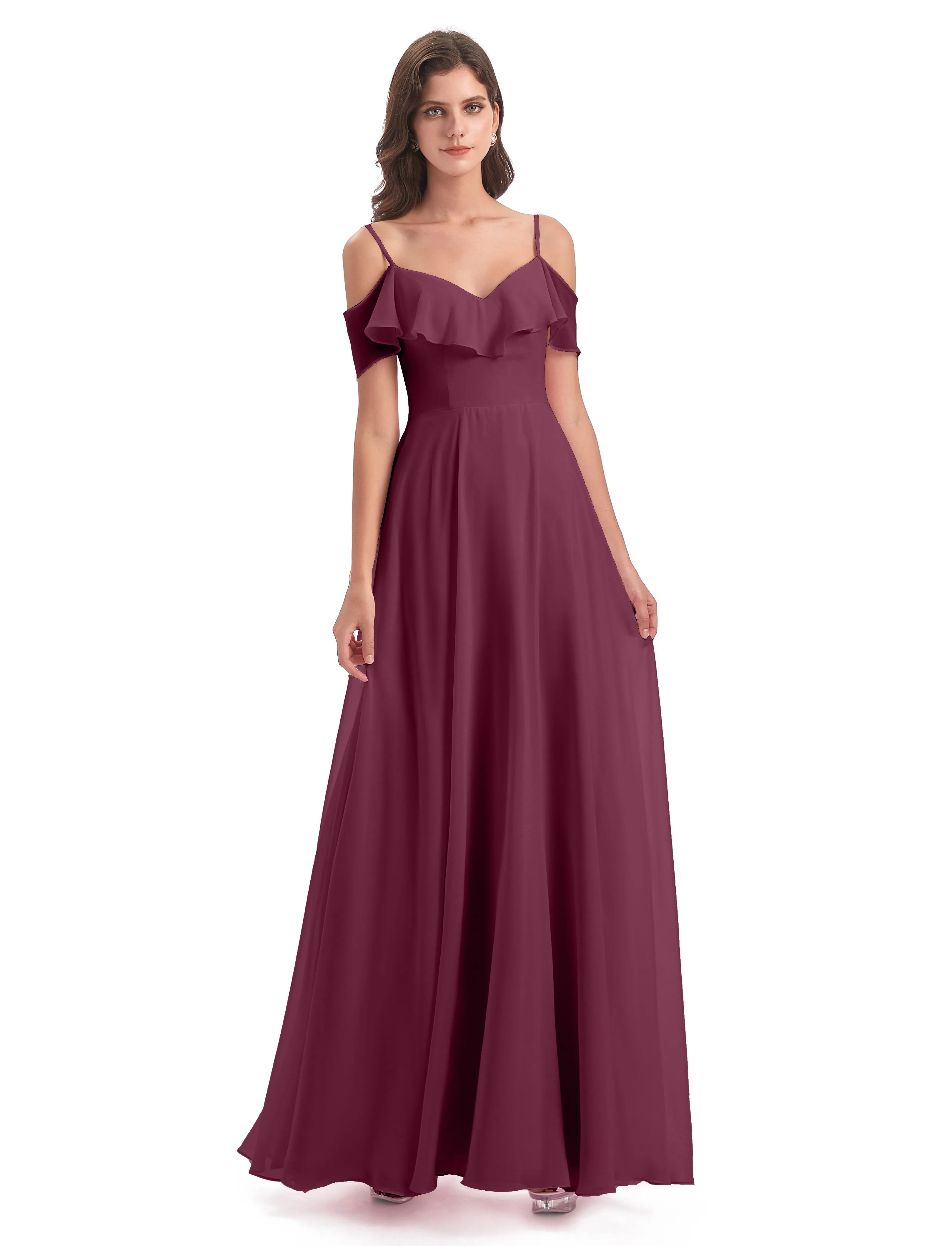 Elizabeth Fashion Spaghetti Straps Ruffles Long Chiffon Bridesmaid Dresses