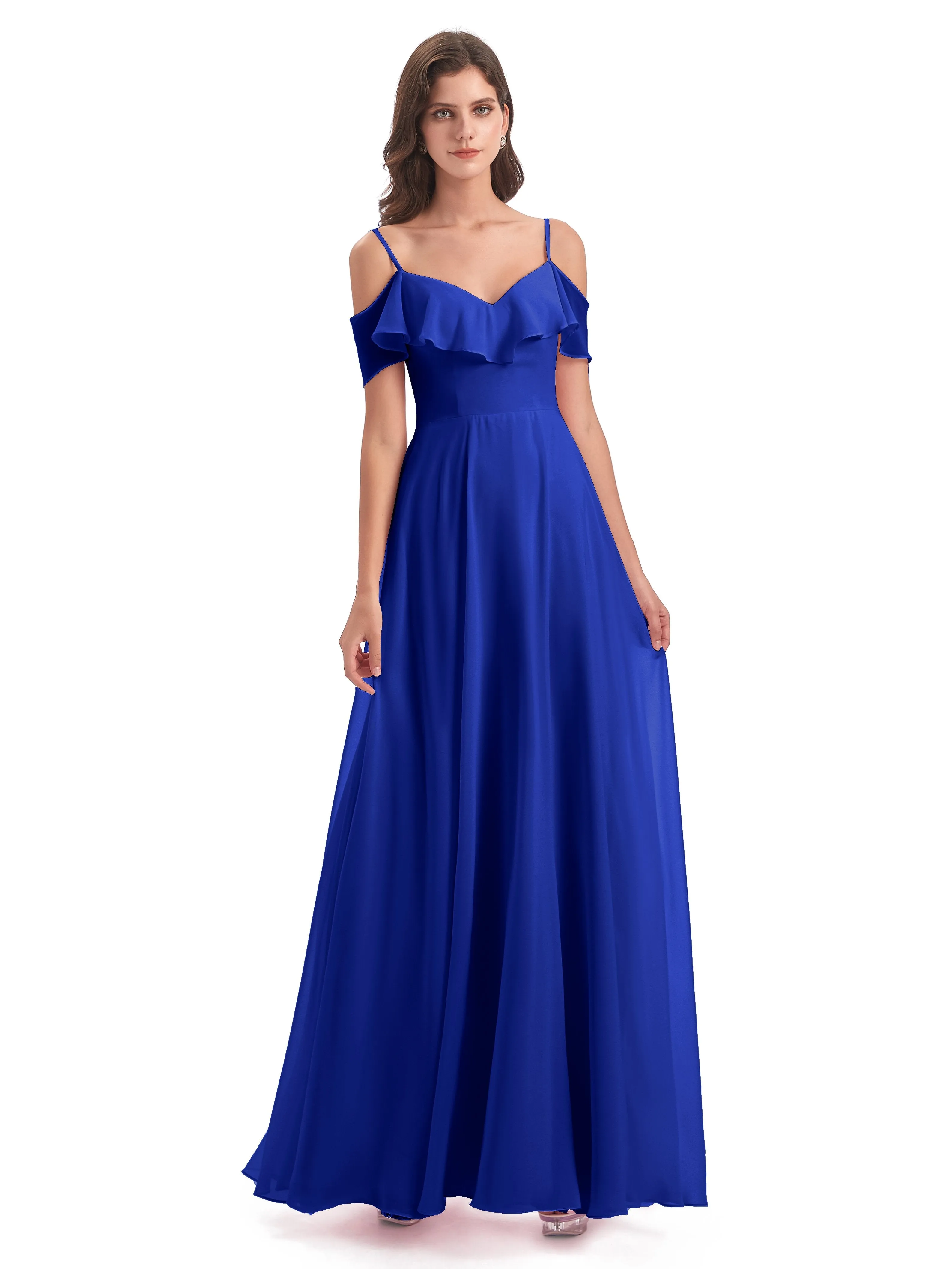 Elizabeth Fashion Spaghetti Straps Ruffles Long Chiffon Bridesmaid Dresses