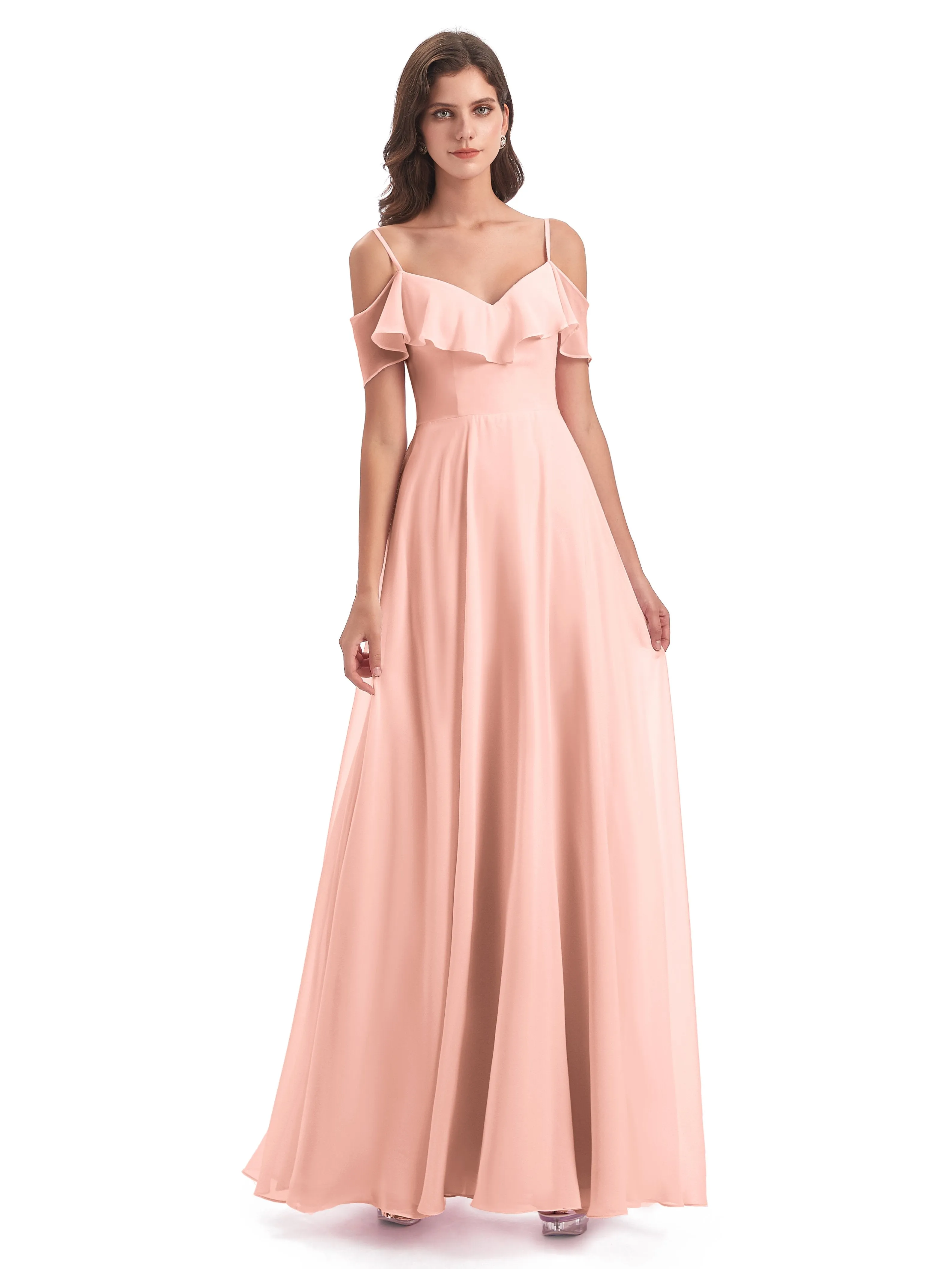 Elizabeth Fashion Spaghetti Straps Ruffles Long Chiffon Bridesmaid Dresses