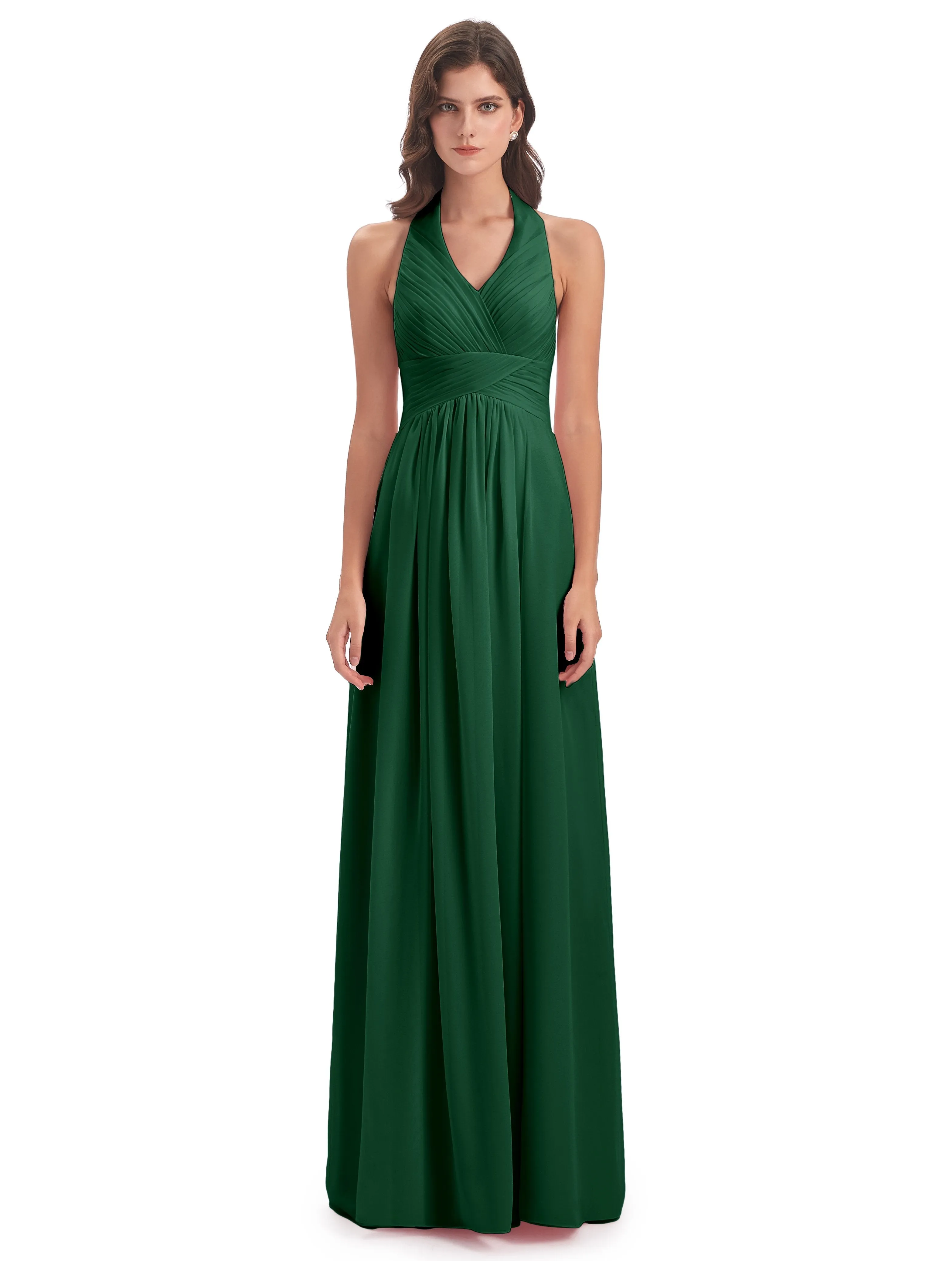 Elsie Vintage Chiffon Halter Pleating Long Bridesmaid Dresses