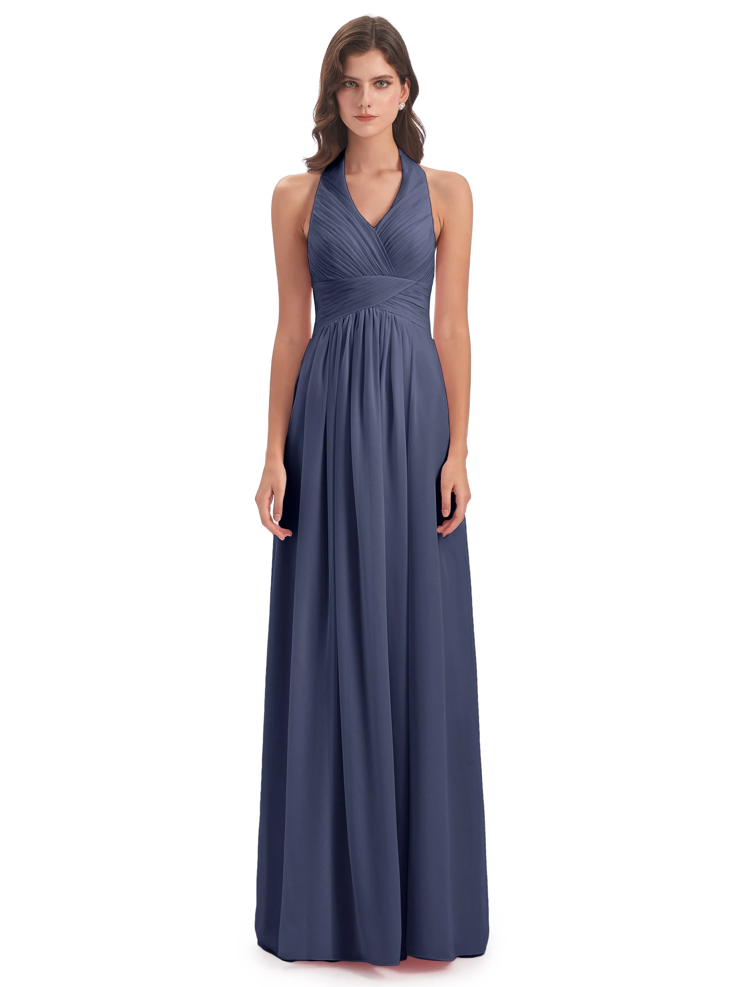 Elsie Vintage Chiffon Halter Pleating Long Bridesmaid Dresses