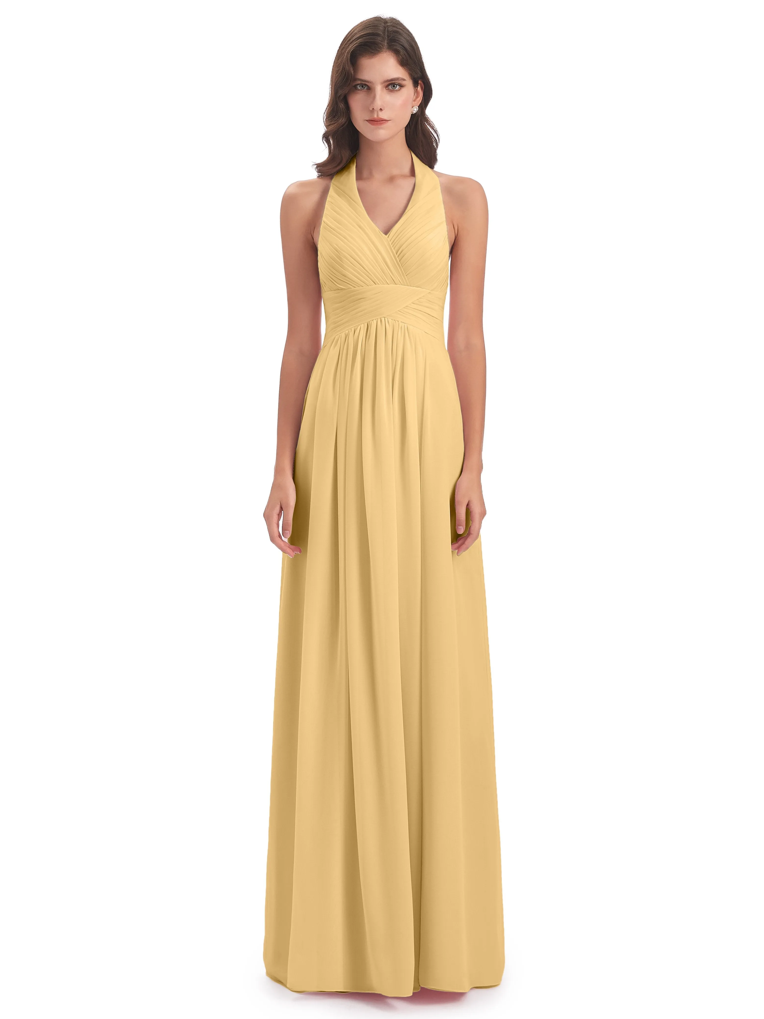 Elsie Vintage Chiffon Halter Pleating Long Bridesmaid Dresses