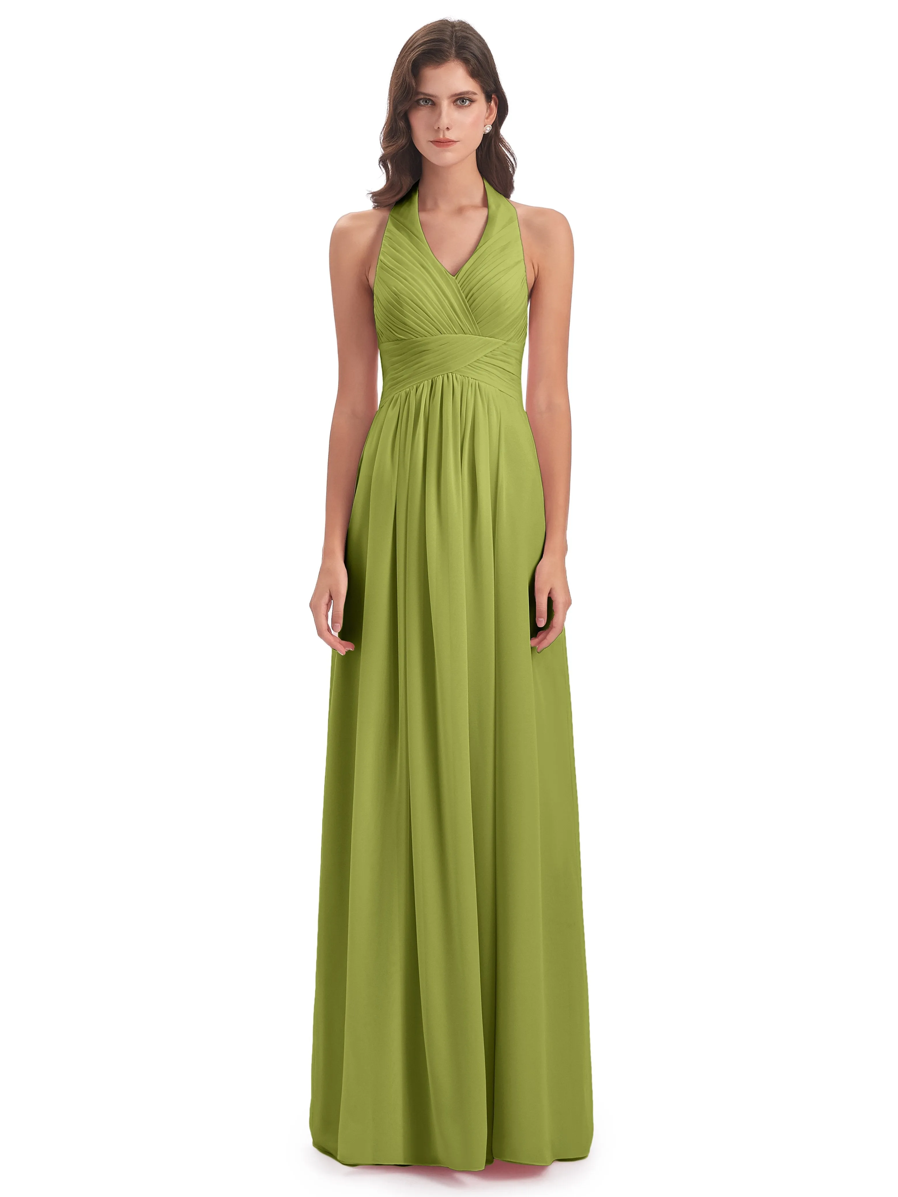 Elsie Vintage Chiffon Halter Pleating Long Bridesmaid Dresses