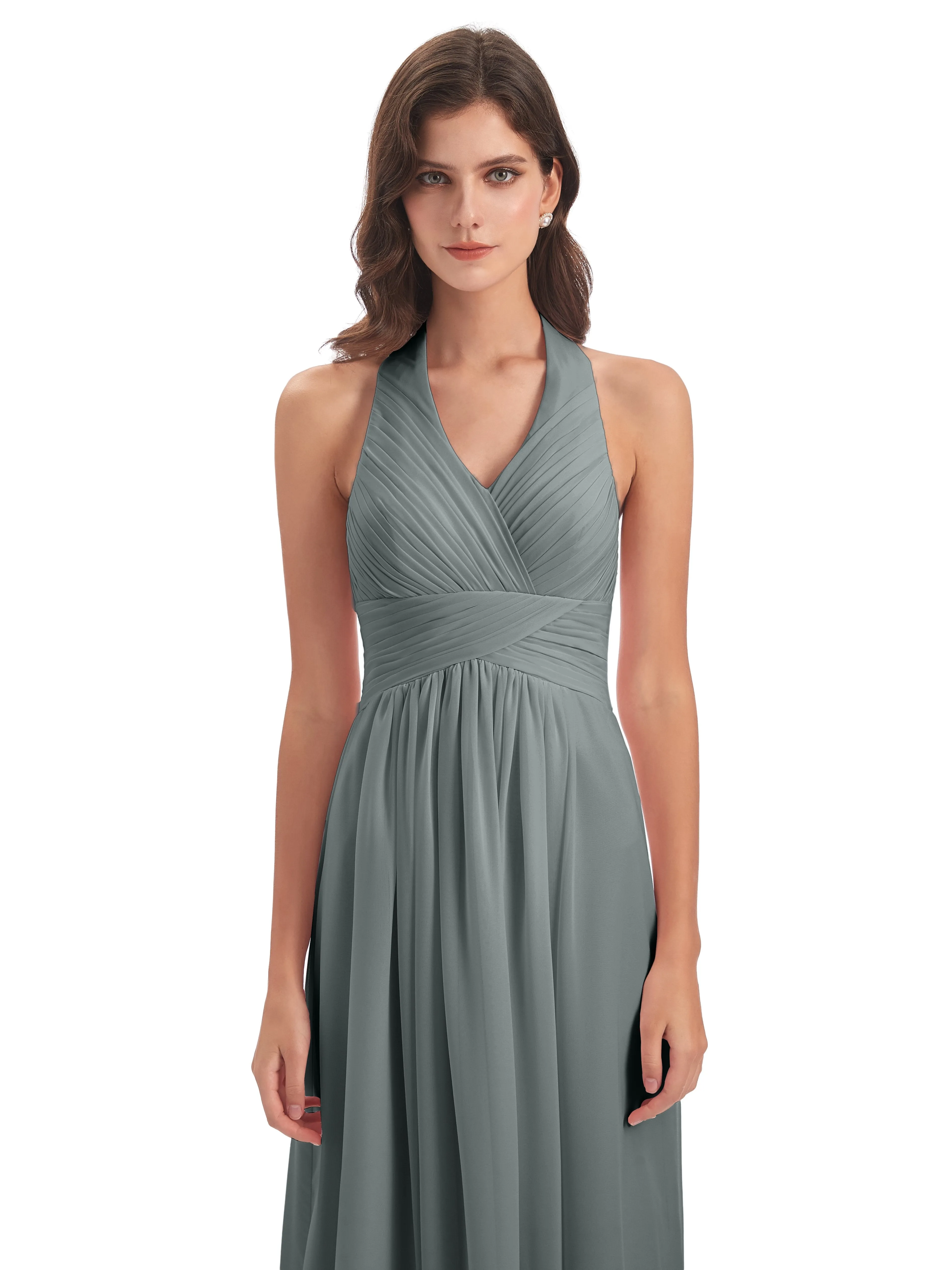 Elsie Vintage Chiffon Halter Pleating Long Bridesmaid Dresses