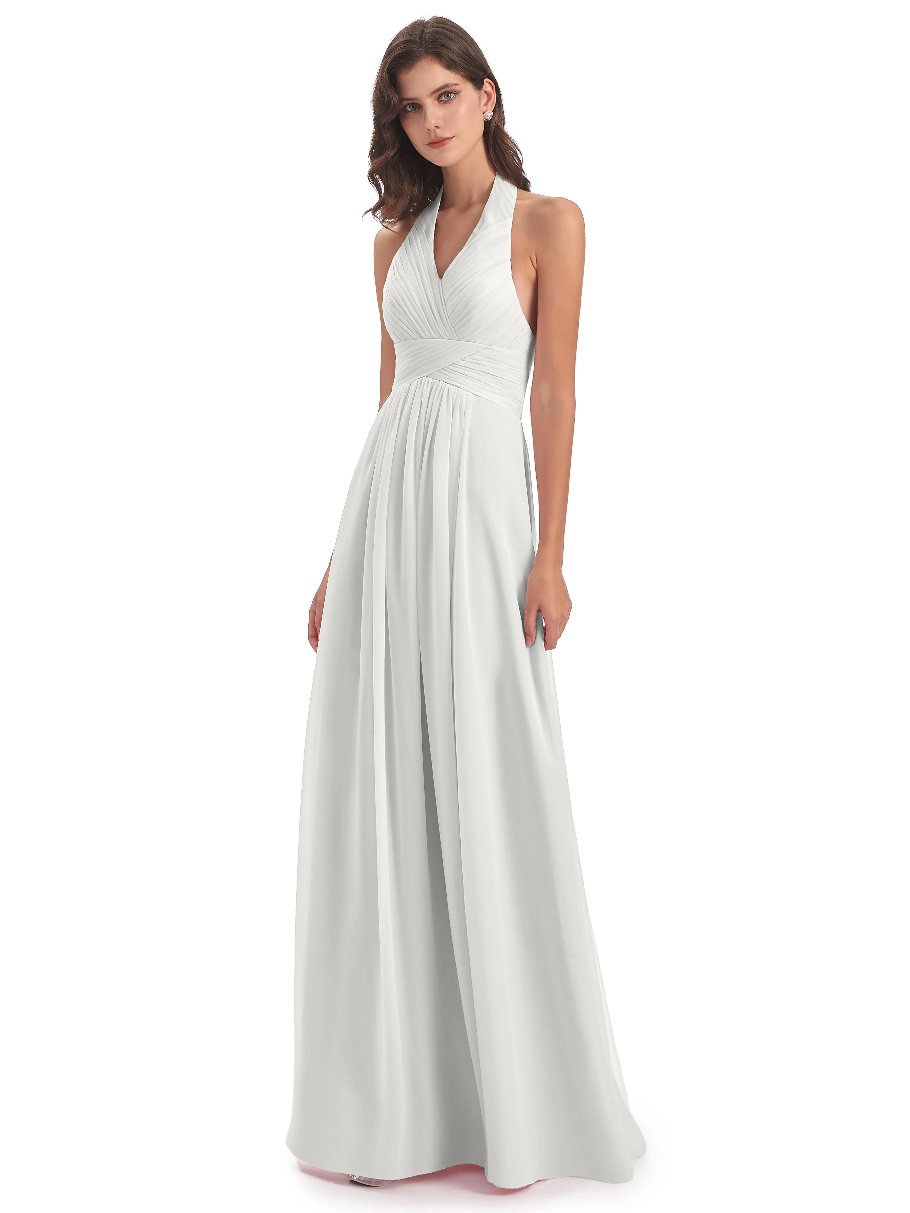 Elsie Vintage Chiffon Halter Pleating Long Bridesmaid Dresses