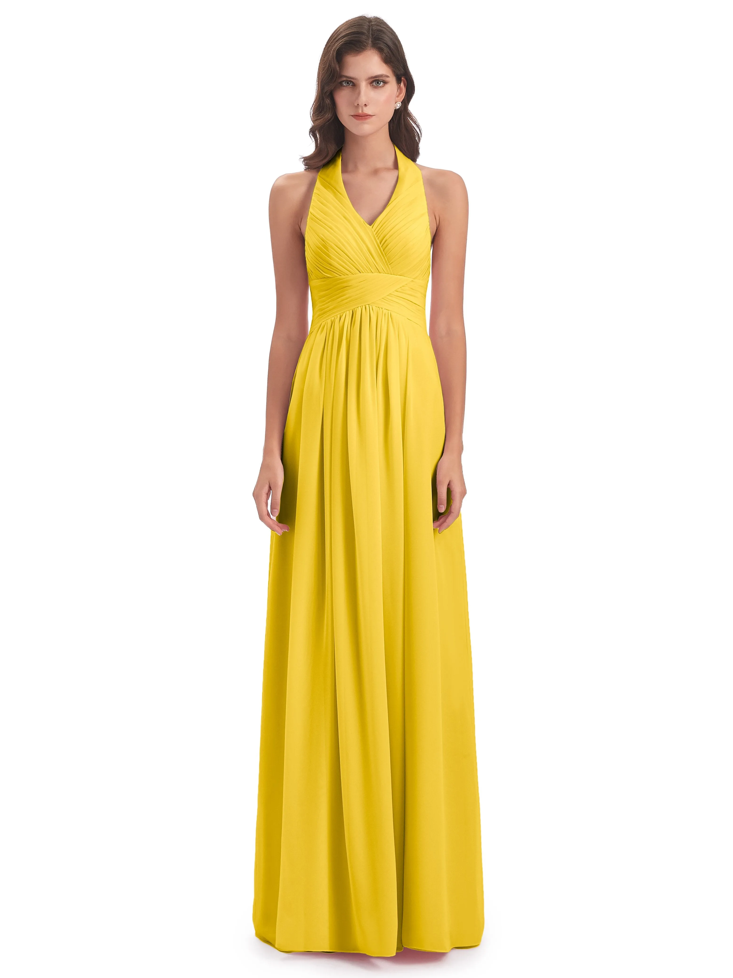 Elsie Vintage Chiffon Halter Pleating Long Bridesmaid Dresses