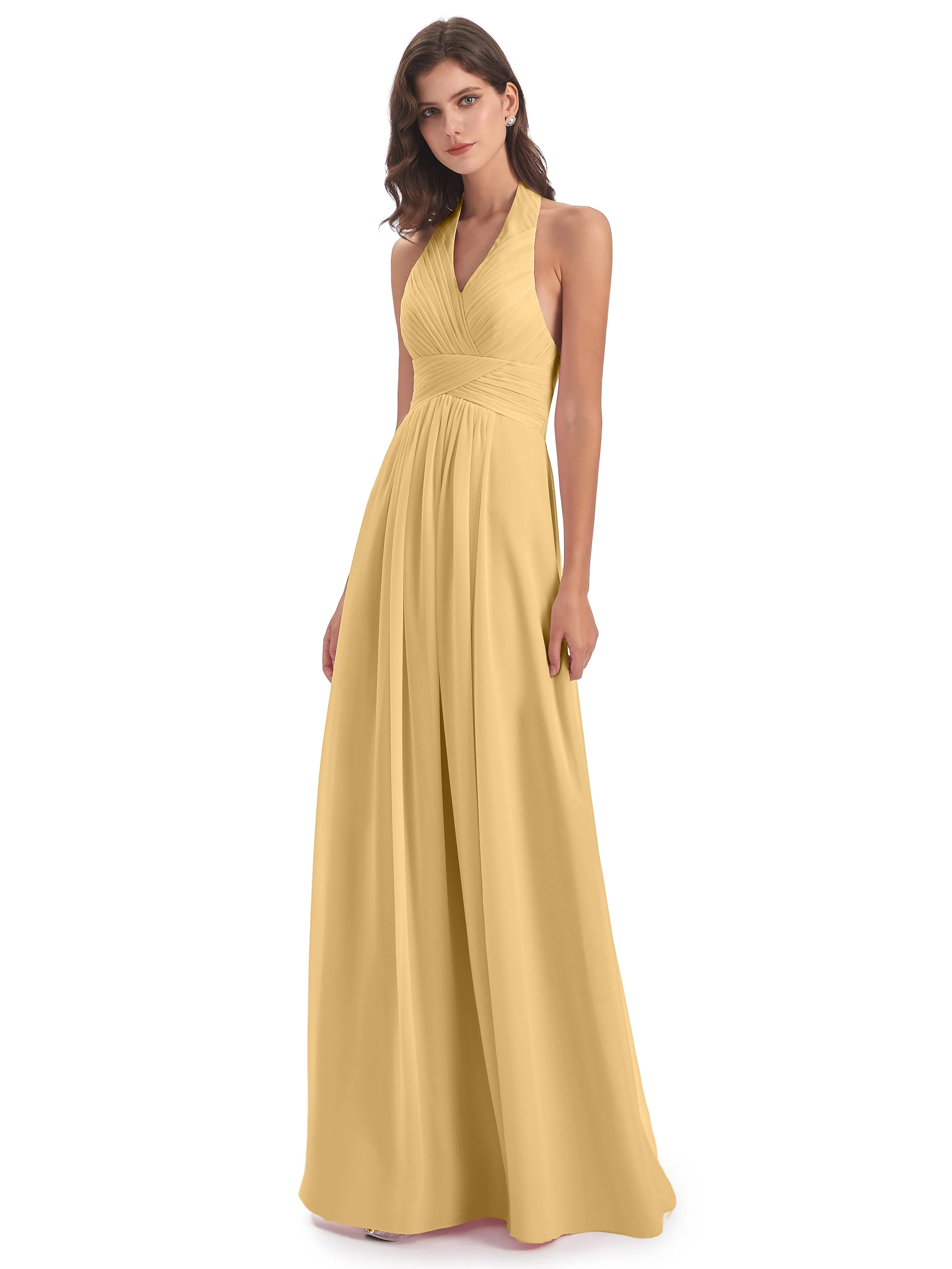 Elsie Vintage Chiffon Halter Pleating Long Bridesmaid Dresses