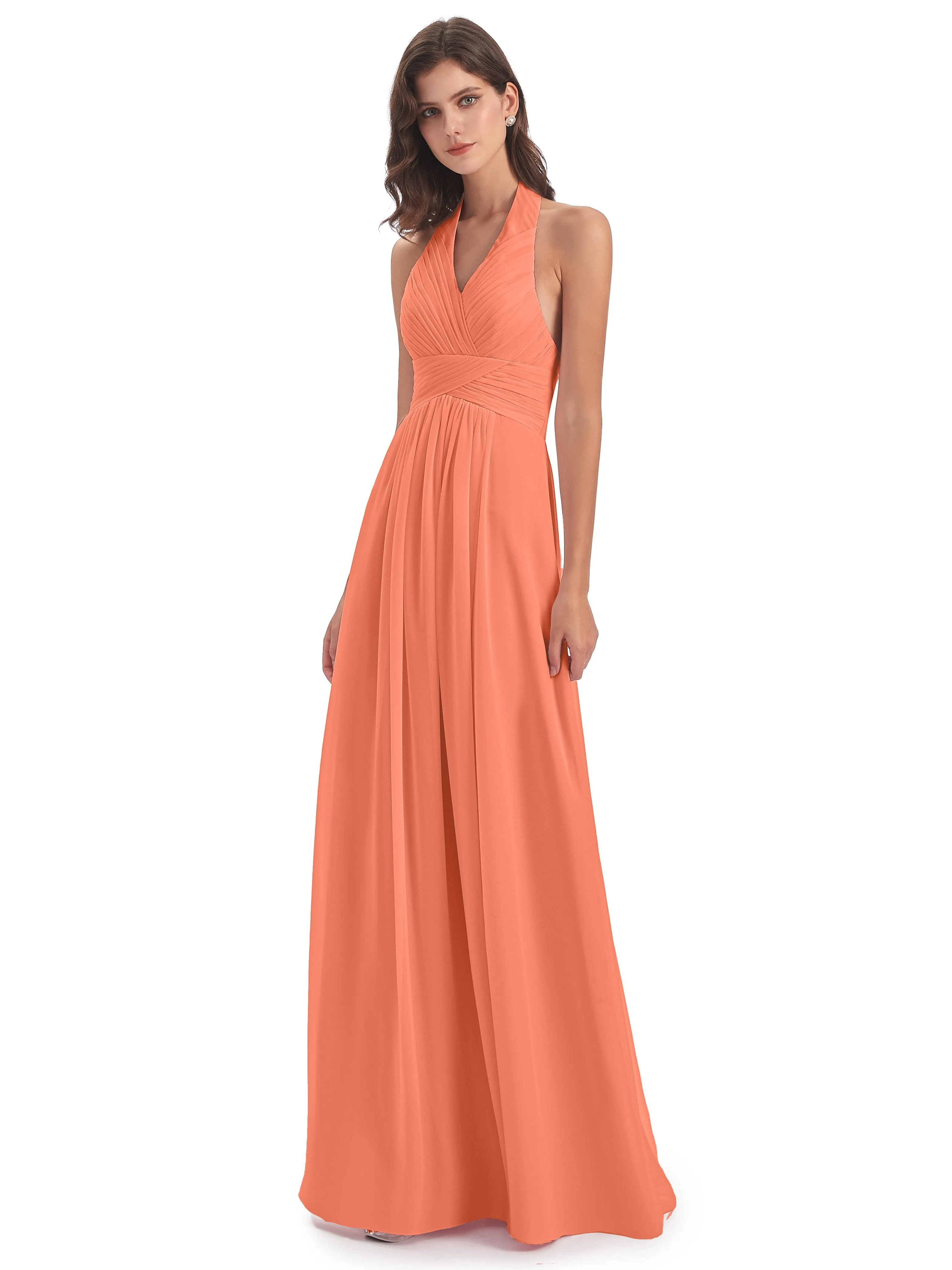 Elsie Vintage Chiffon Halter Pleating Long Bridesmaid Dresses