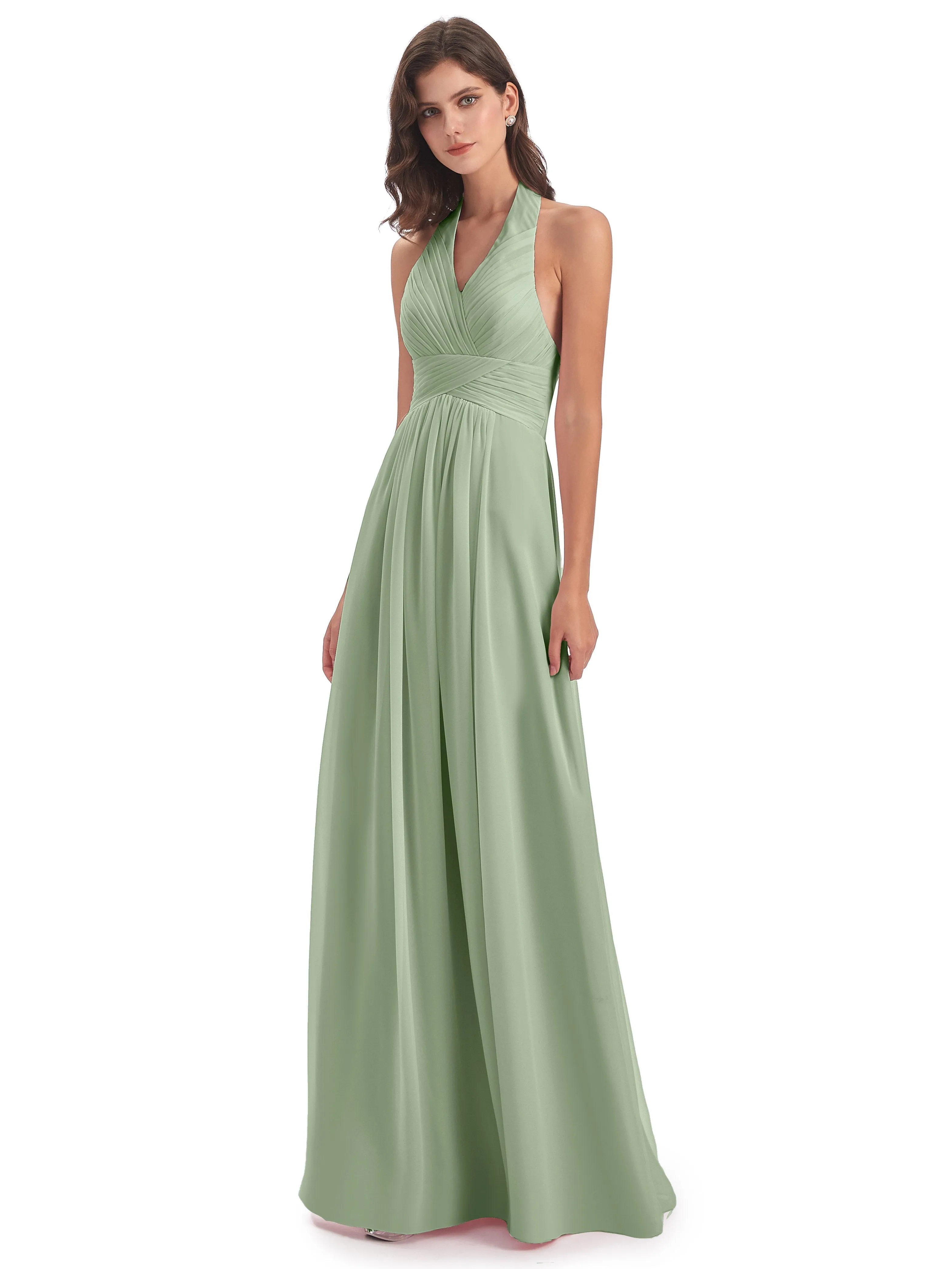 Elsie Vintage Chiffon Halter Pleating Long Bridesmaid Dresses