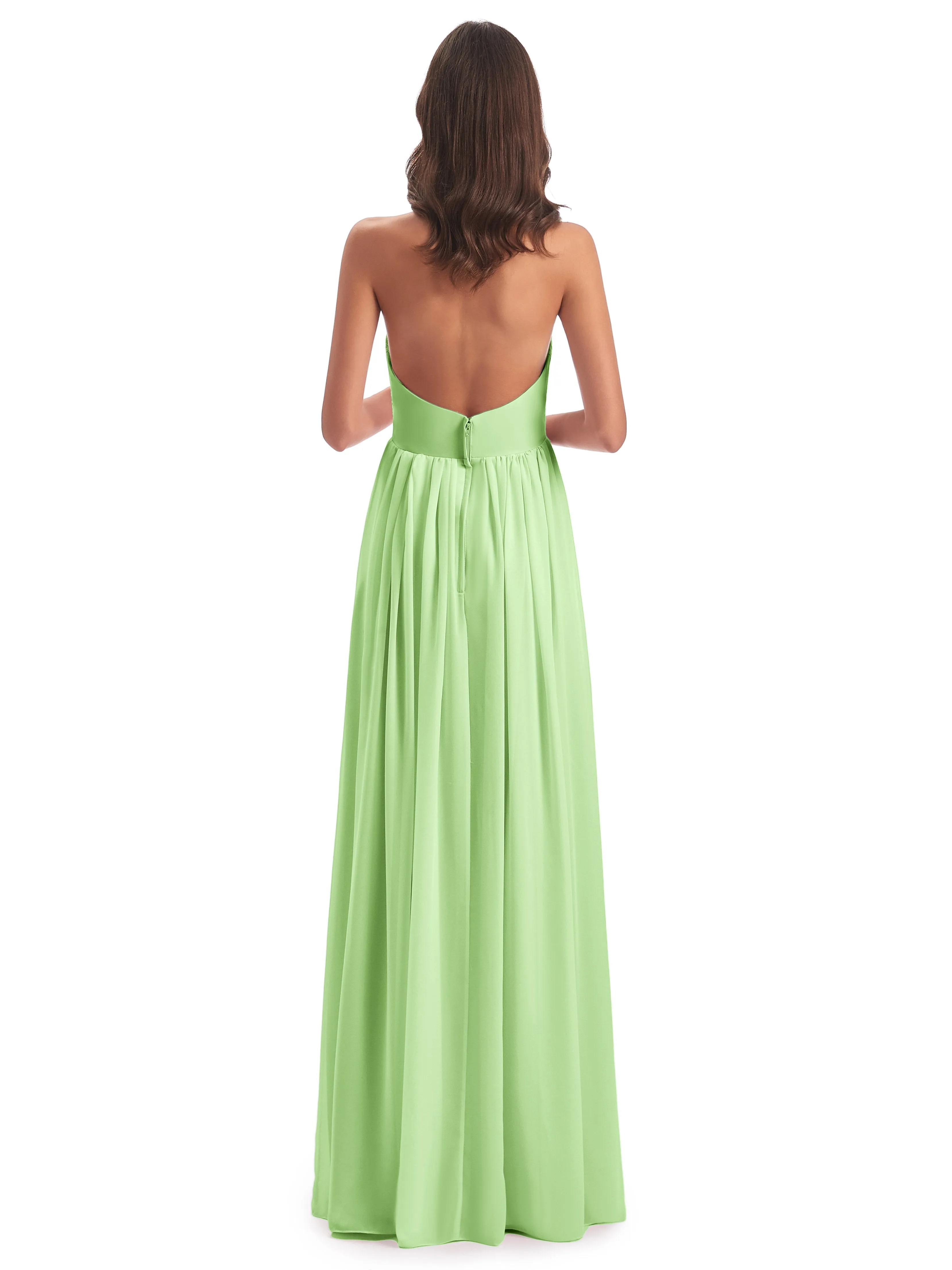 Elsie Vintage Chiffon Halter Pleating Long Bridesmaid Dresses