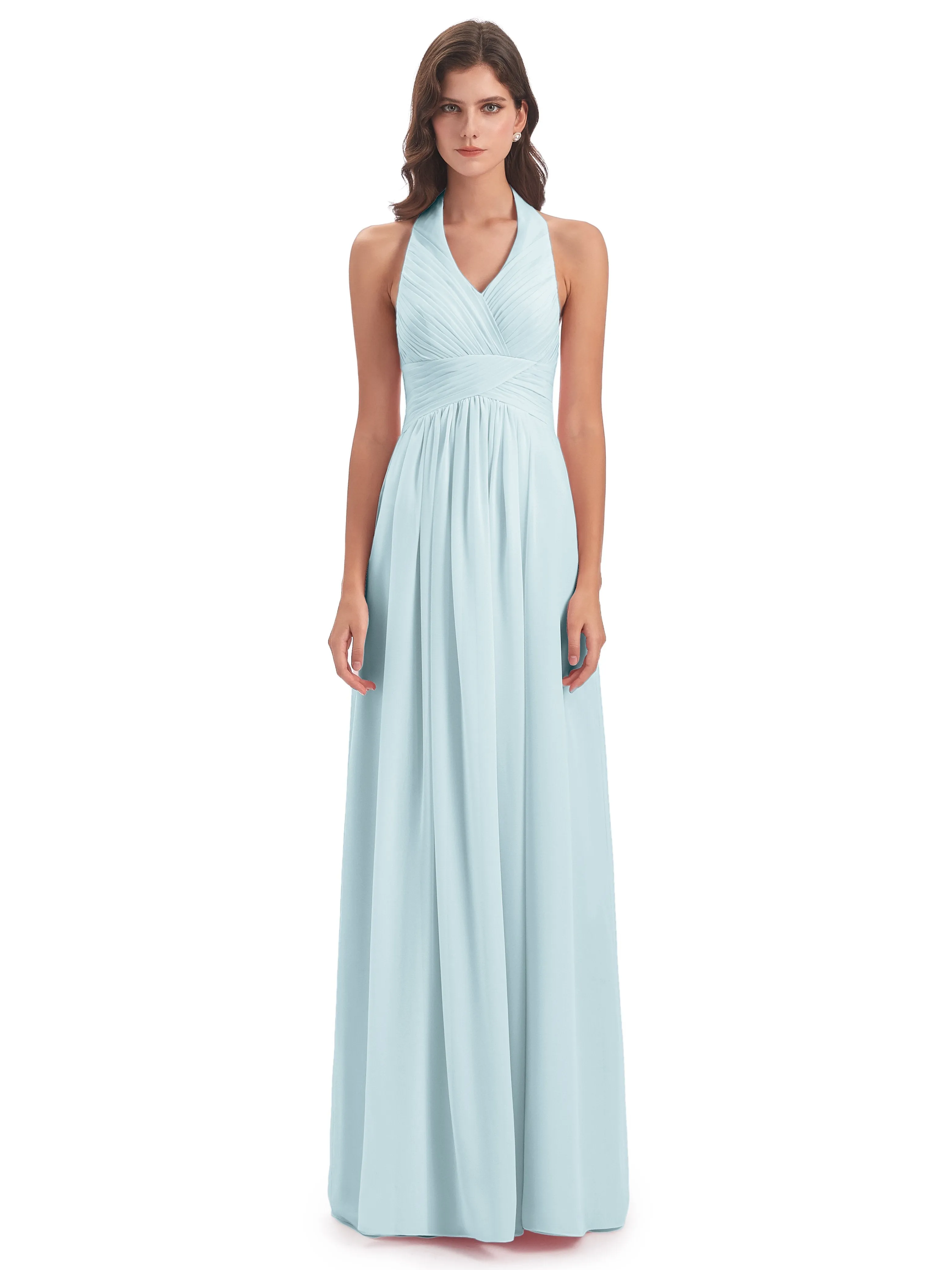 Elsie Vintage Chiffon Halter Pleating Long Bridesmaid Dresses