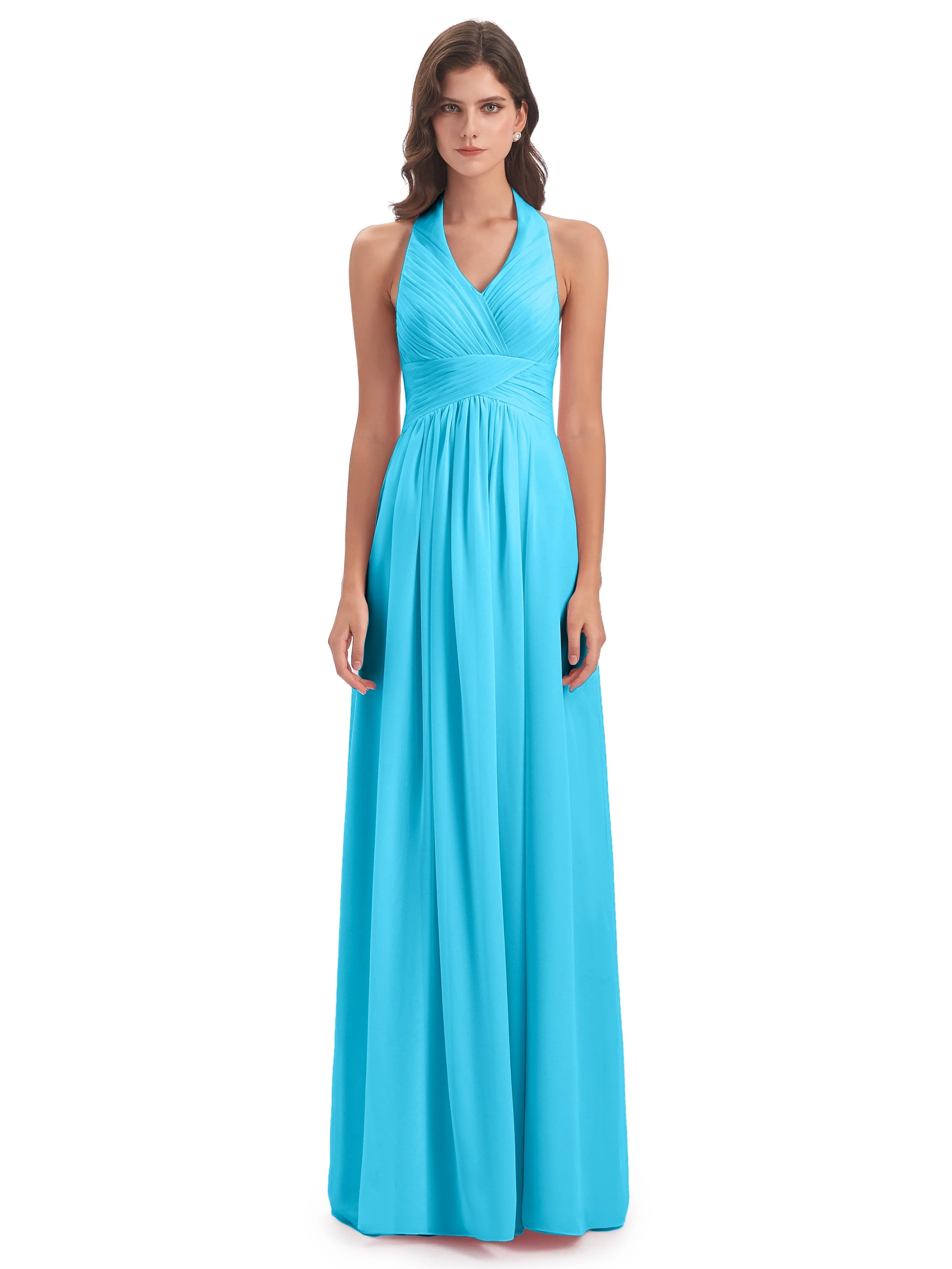 Elsie Vintage Chiffon Halter Pleating Long Bridesmaid Dresses