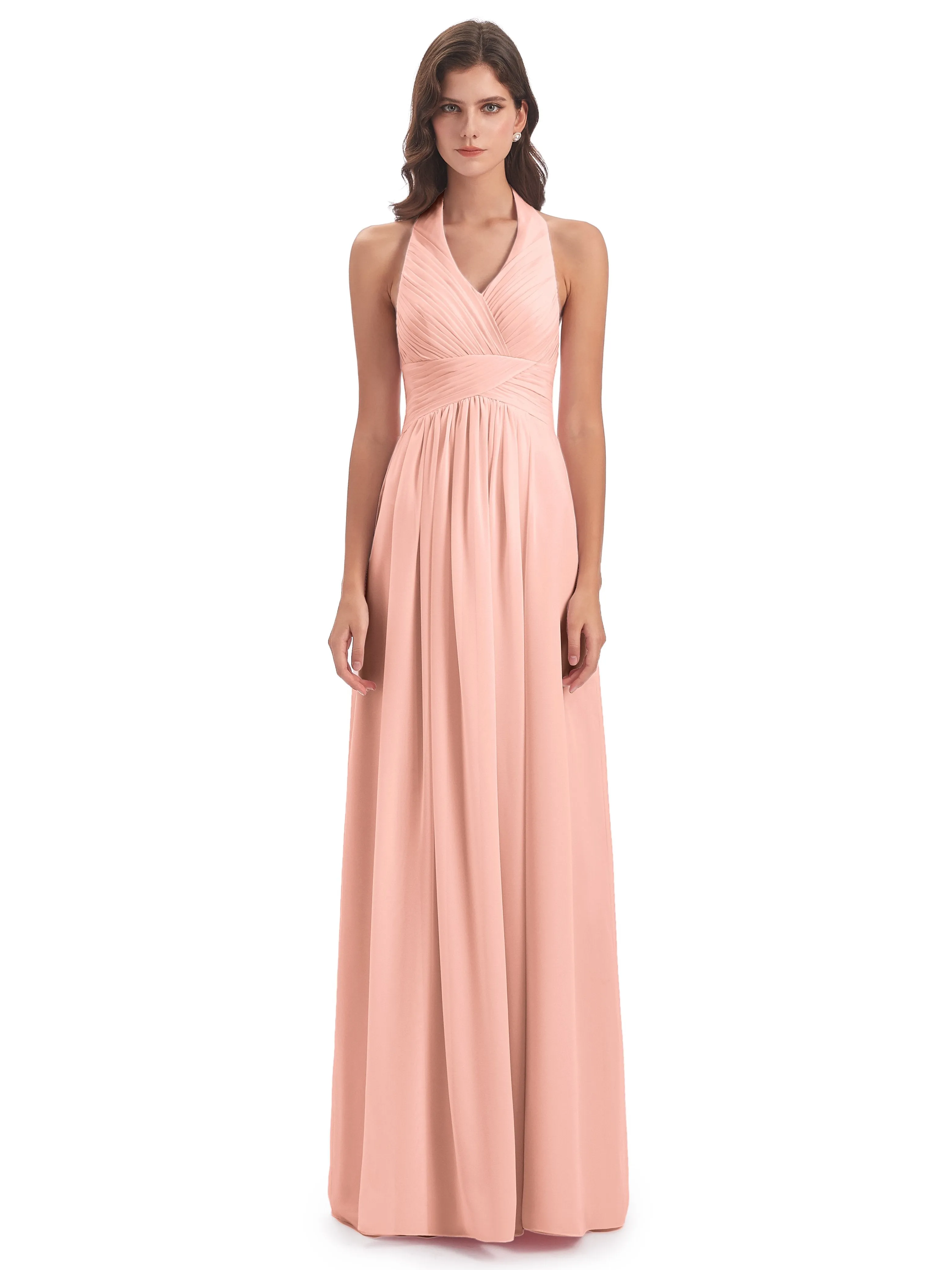 Elsie Vintage Chiffon Halter Pleating Long Bridesmaid Dresses