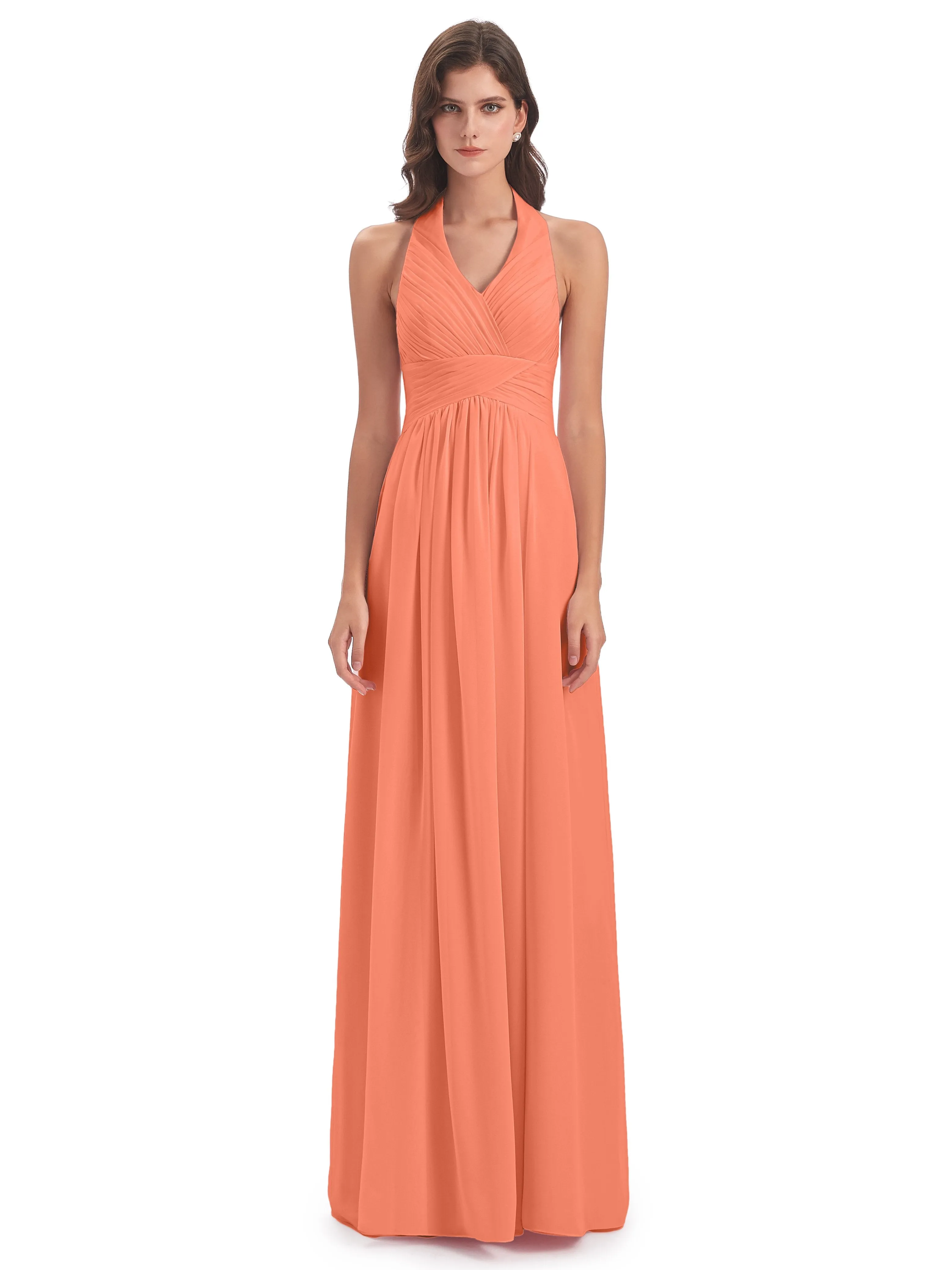 Elsie Vintage Chiffon Halter Pleating Long Bridesmaid Dresses