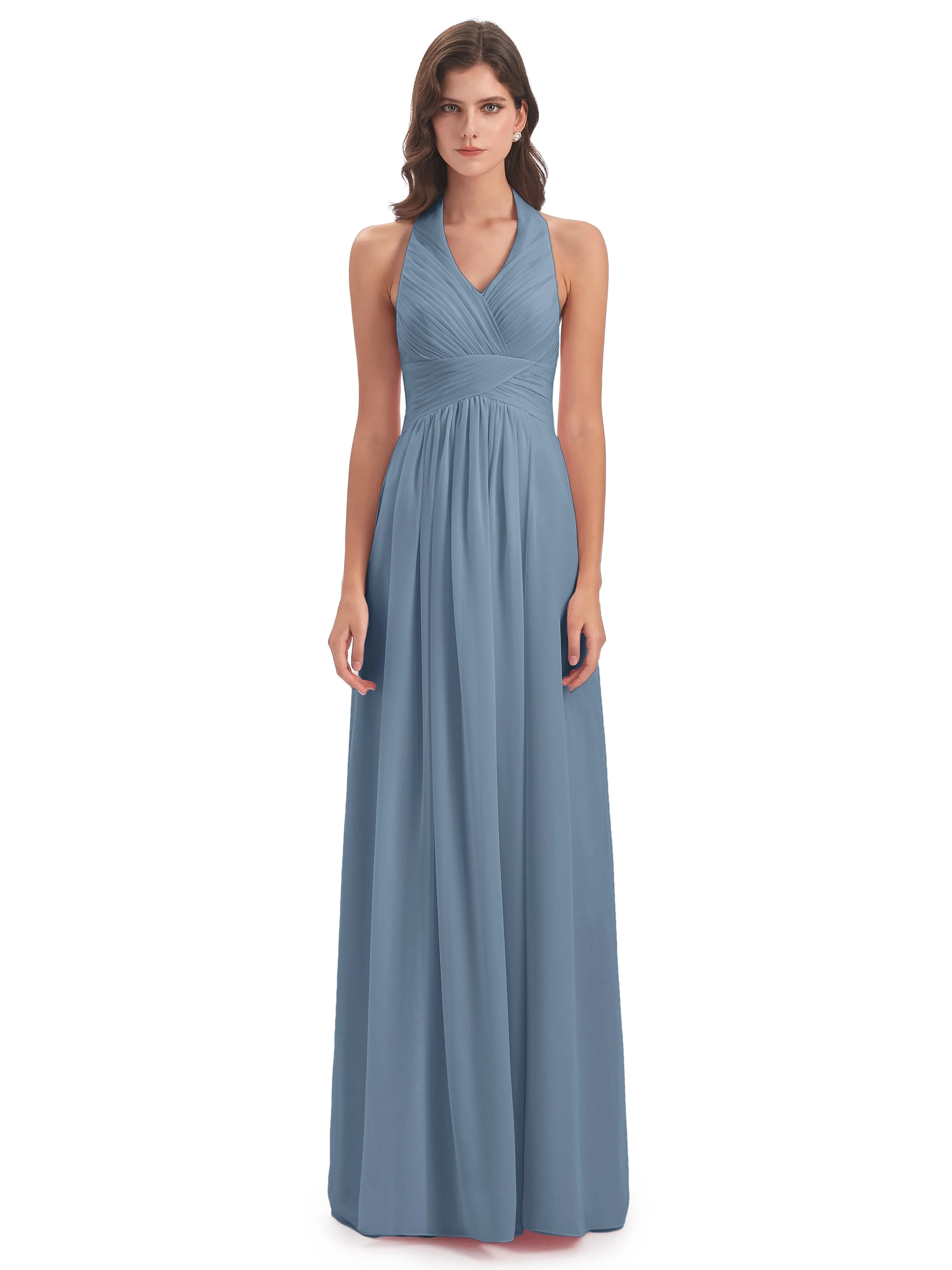 Elsie Vintage Chiffon Halter Pleating Long Bridesmaid Dresses