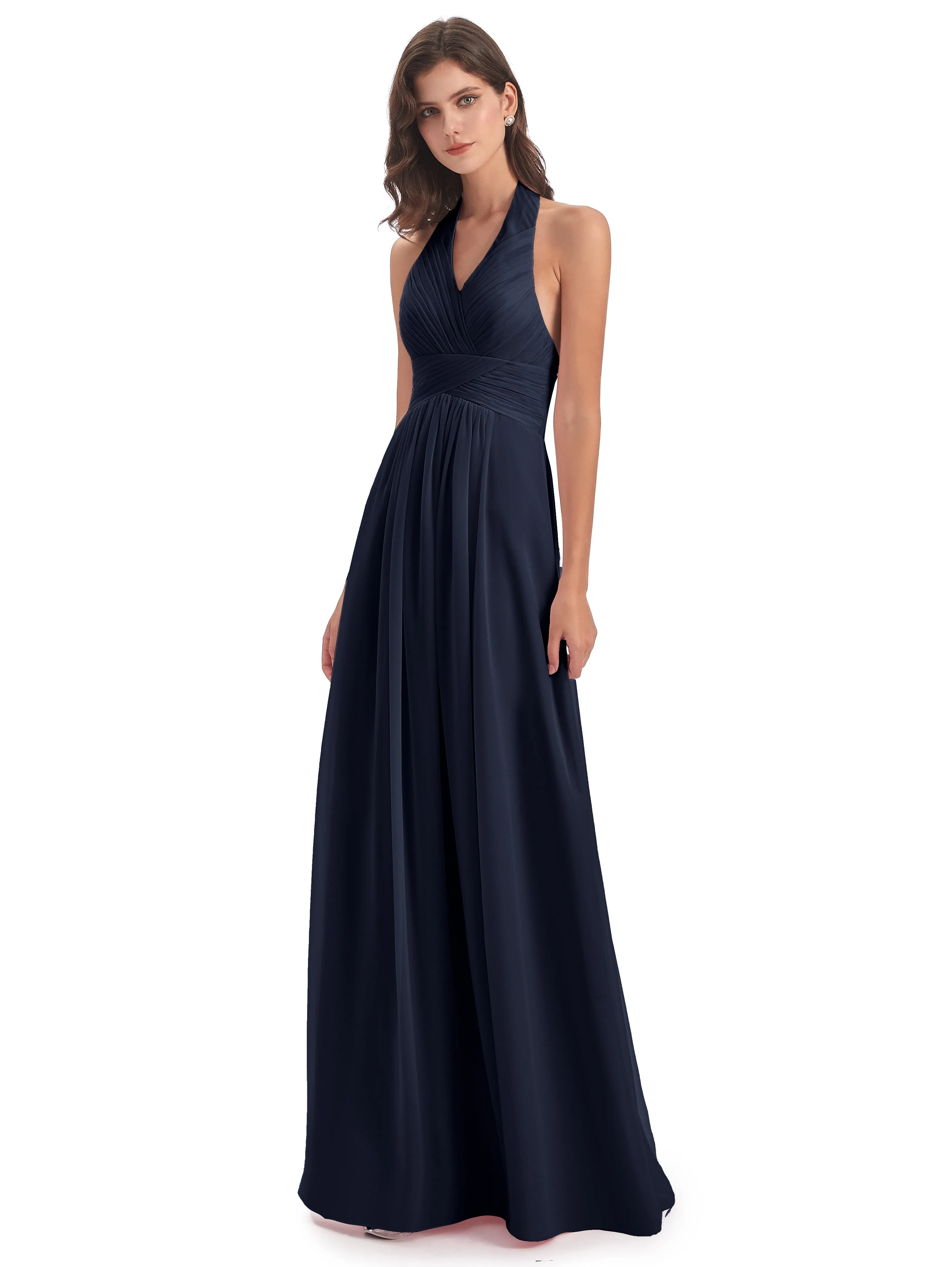 Elsie Vintage Chiffon Halter Pleating Long Bridesmaid Dresses