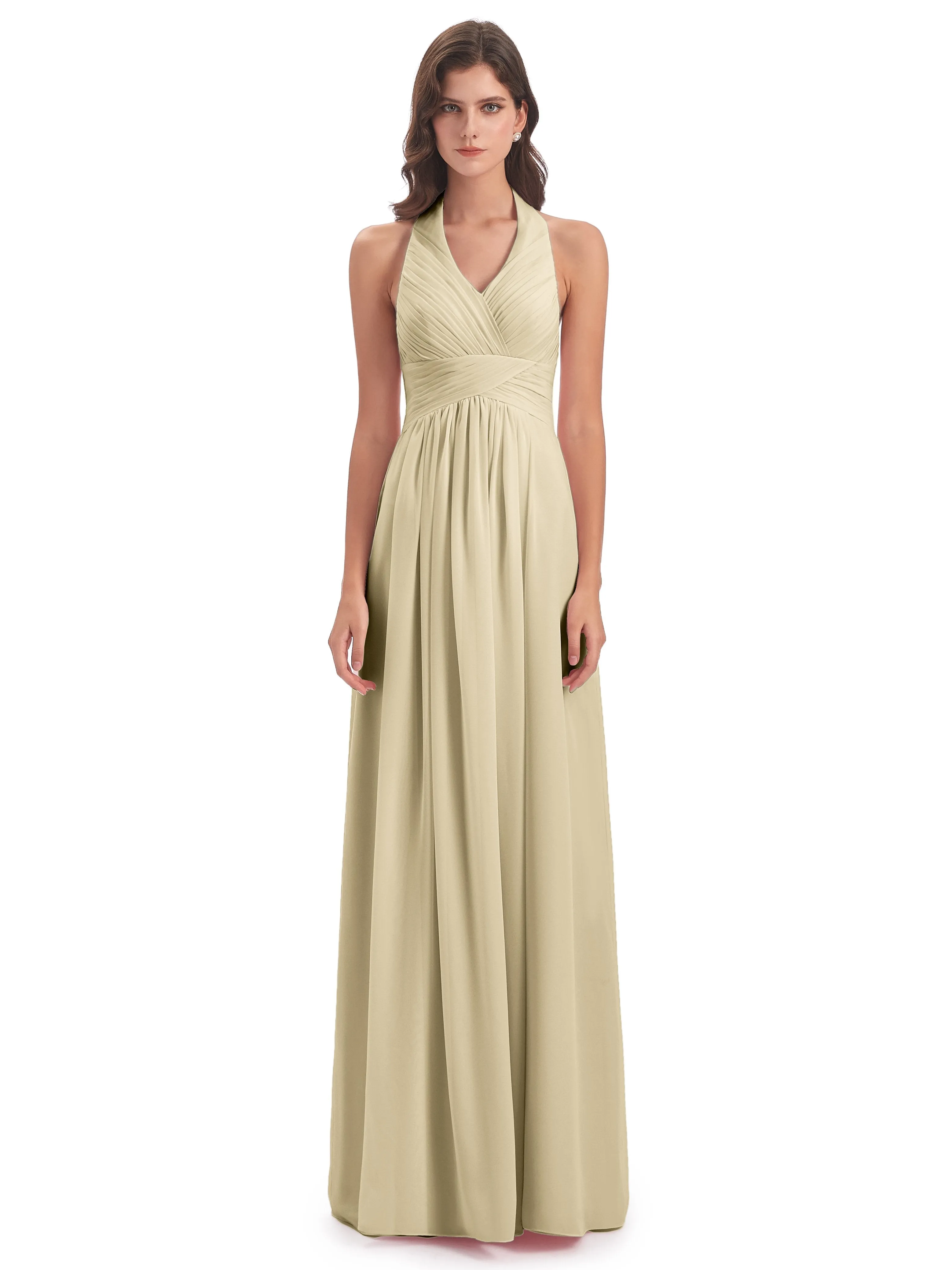 Elsie Vintage Chiffon Halter Pleating Long Bridesmaid Dresses