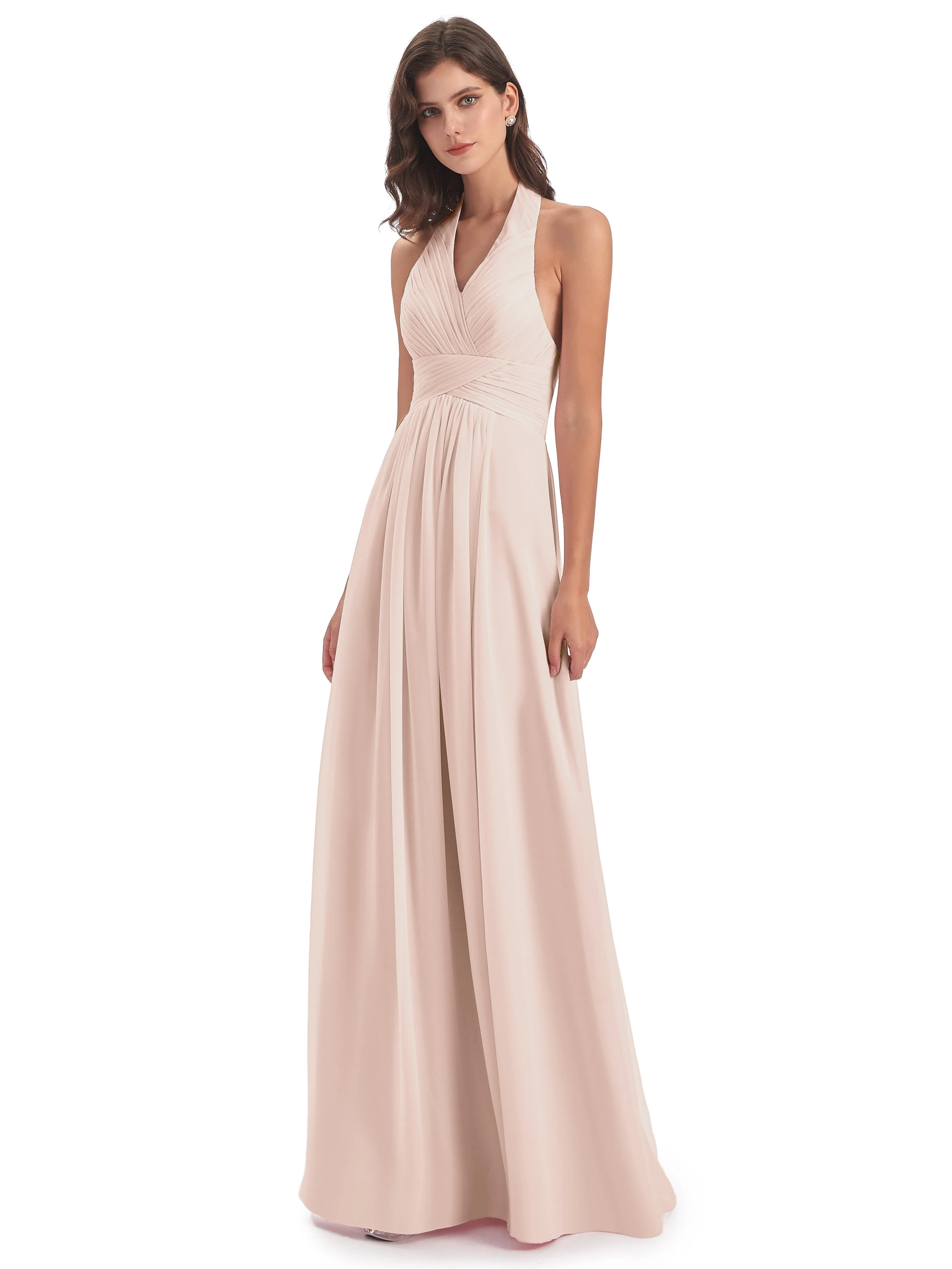 Elsie Vintage Chiffon Halter Pleating Long Bridesmaid Dresses