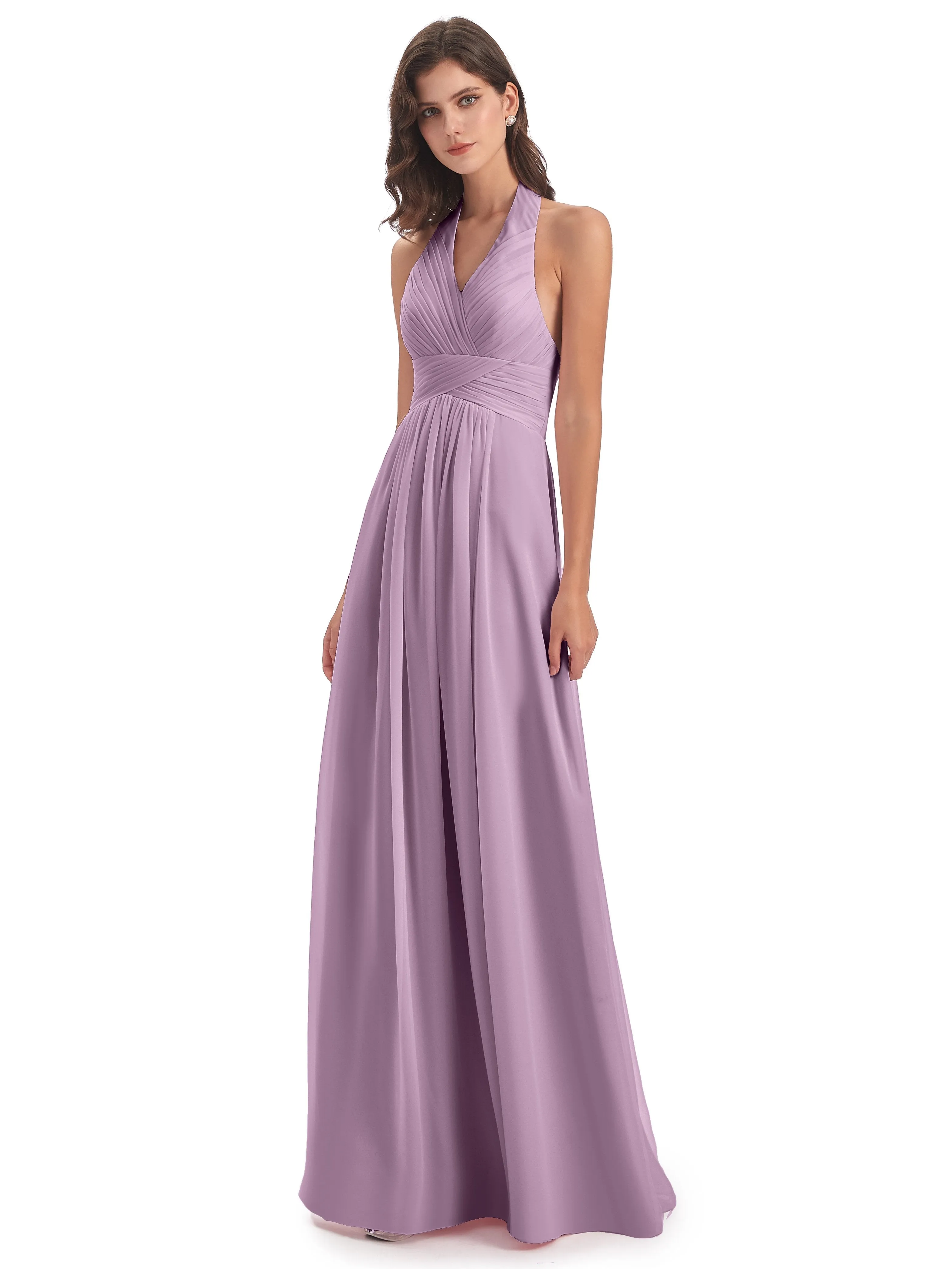 Elsie Vintage Chiffon Halter Pleating Long Bridesmaid Dresses