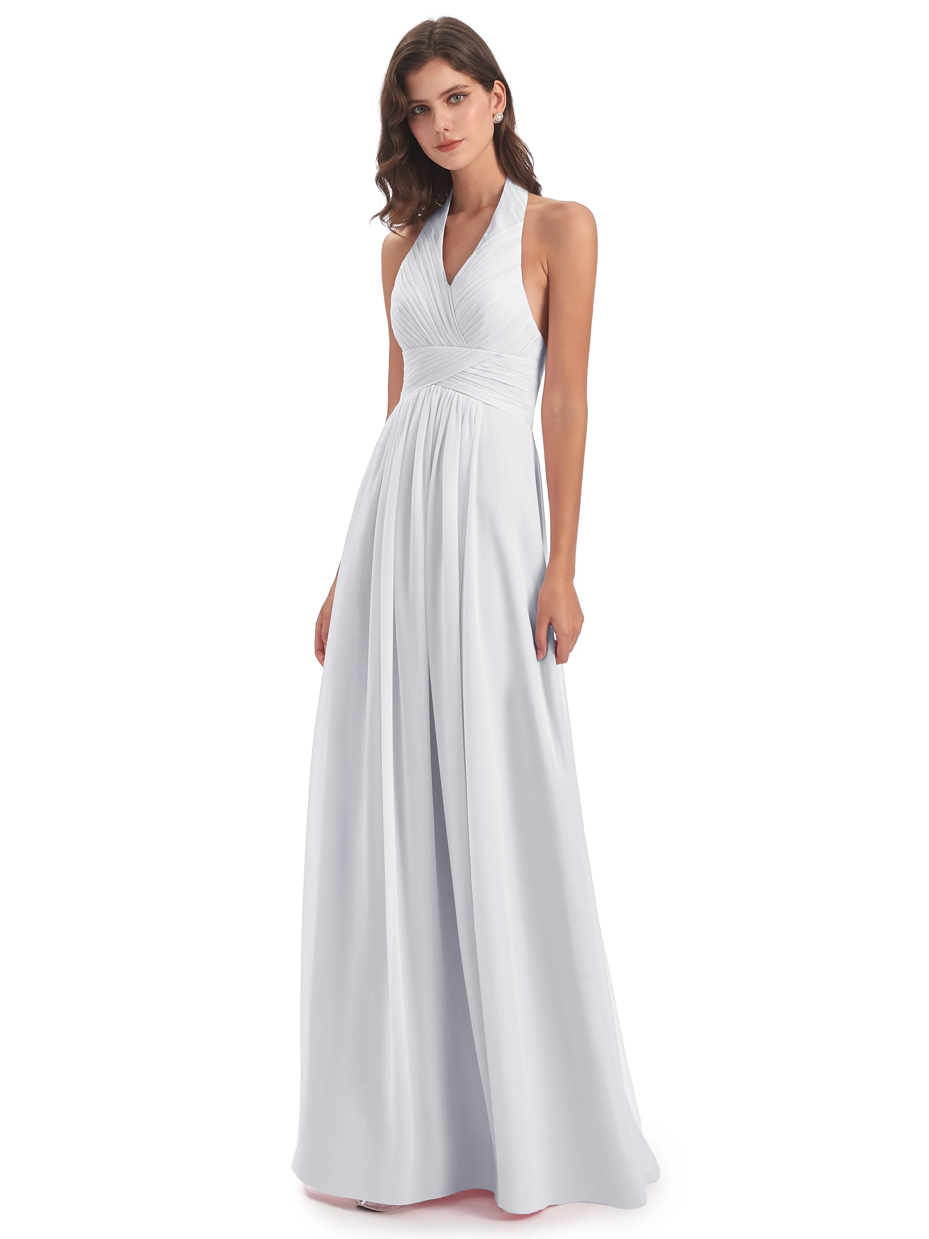 Elsie Vintage Chiffon Halter Pleating Long Bridesmaid Dresses