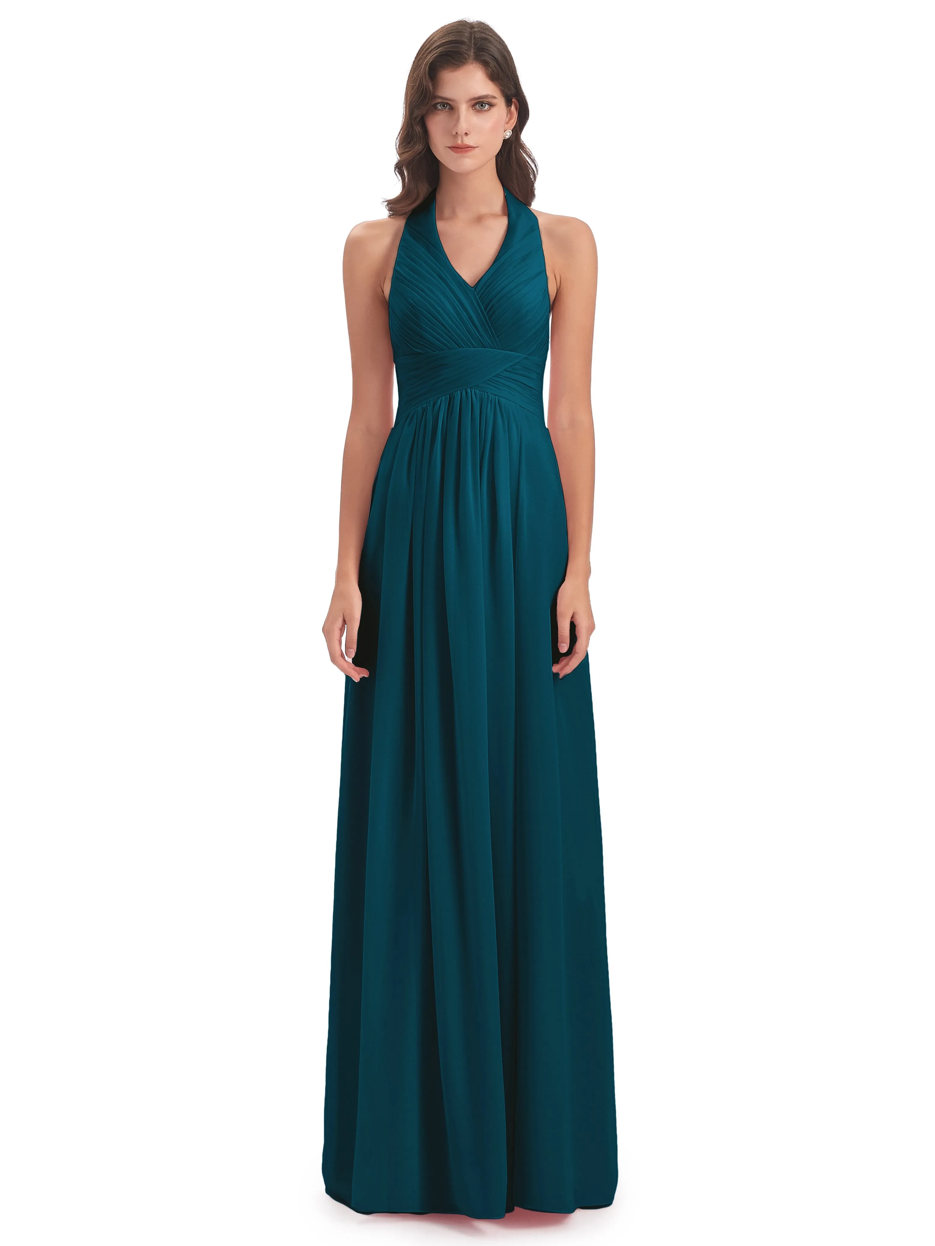 Elsie Vintage Chiffon Halter Pleating Long Bridesmaid Dresses