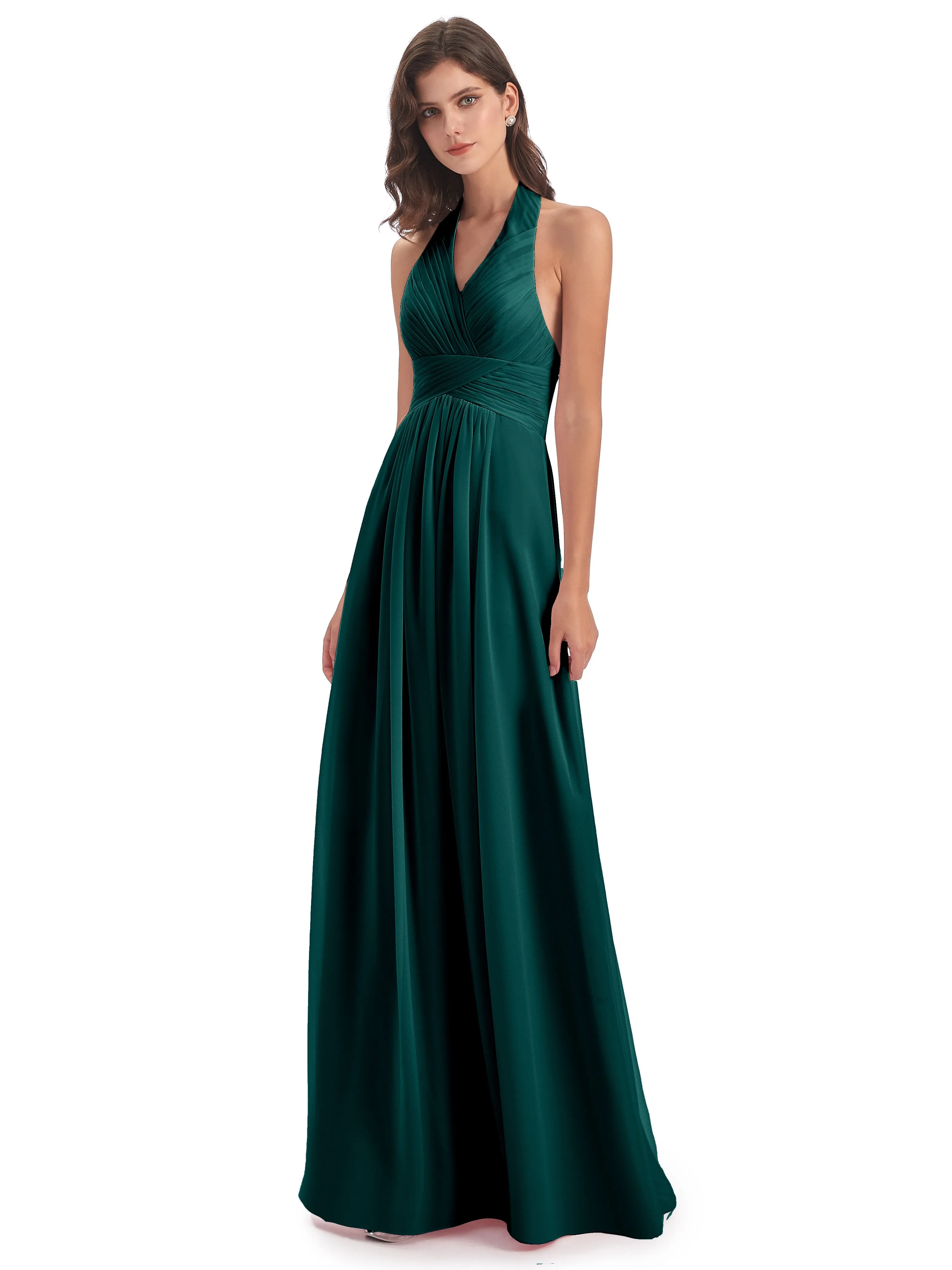 Elsie Vintage Chiffon Halter Pleating Long Bridesmaid Dresses