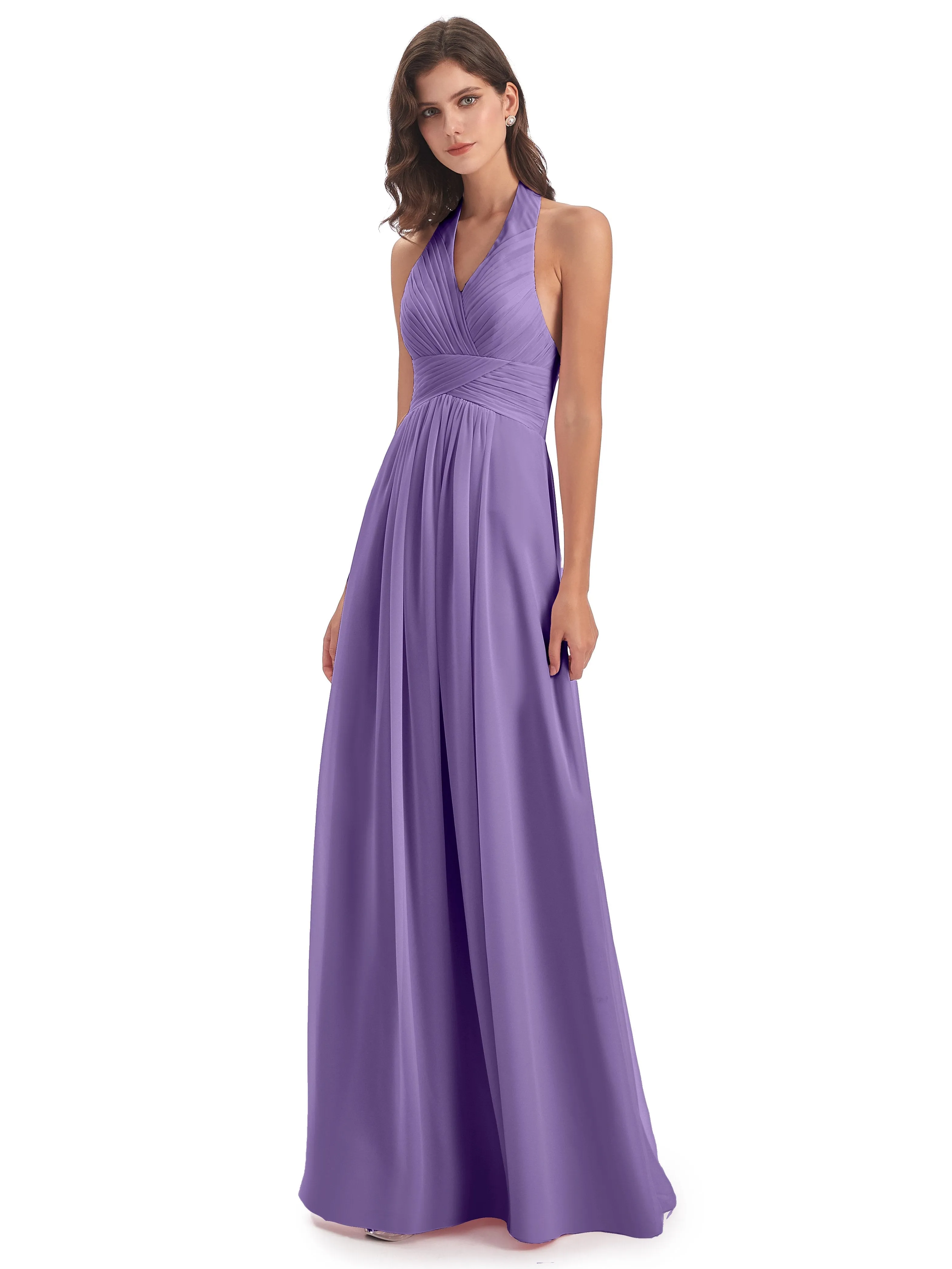 Elsie Vintage Chiffon Halter Pleating Long Bridesmaid Dresses