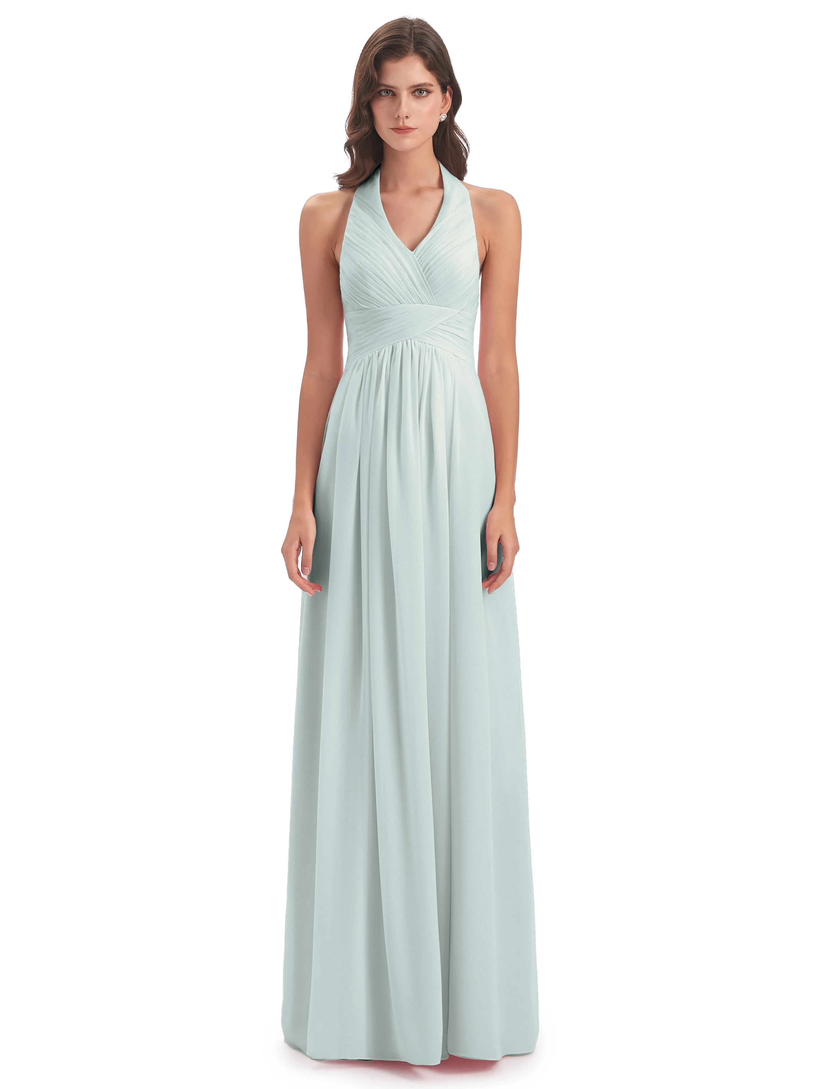 Elsie Vintage Chiffon Halter Pleating Long Bridesmaid Dresses