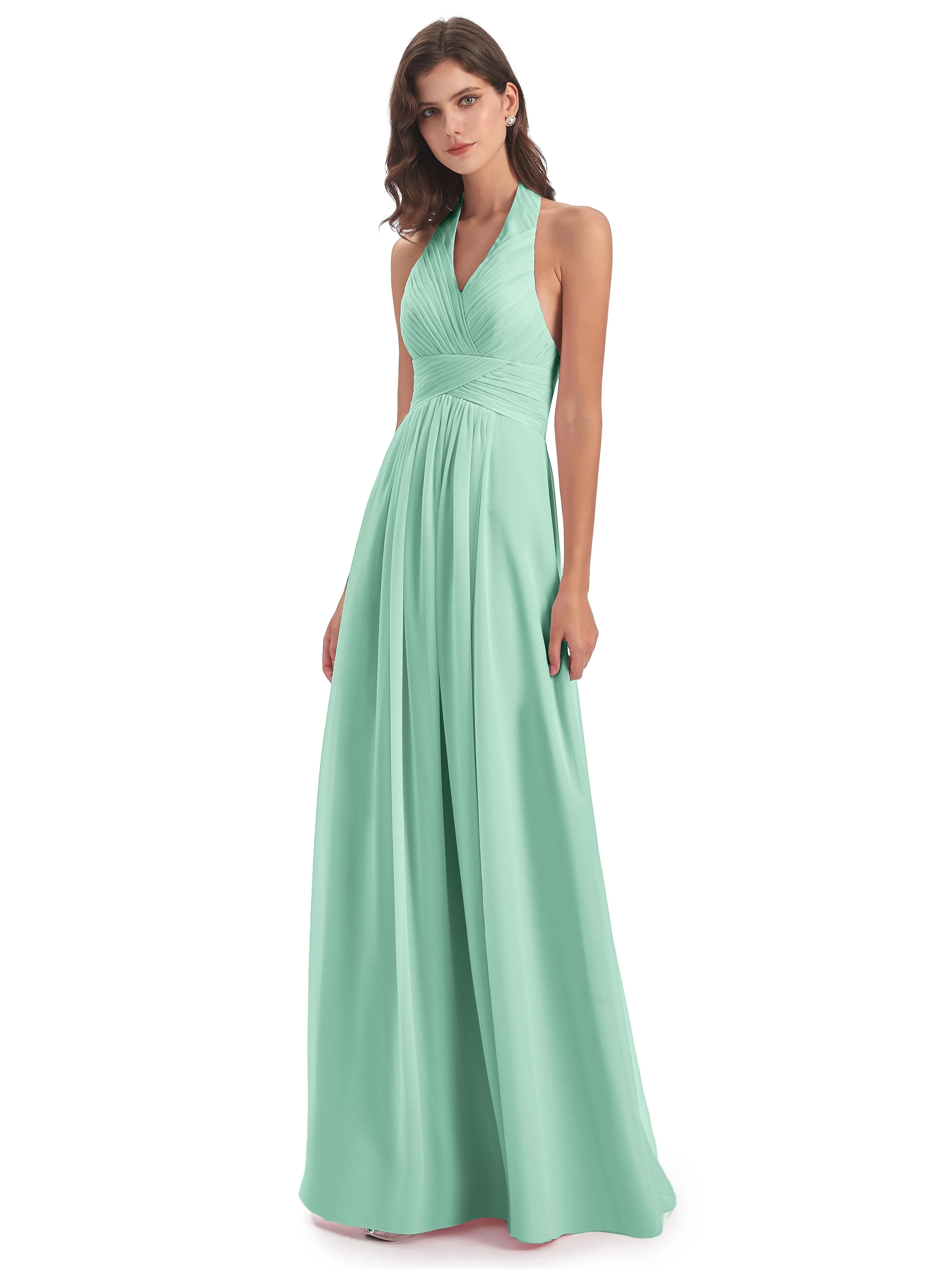 Elsie Vintage Chiffon Halter Pleating Long Bridesmaid Dresses